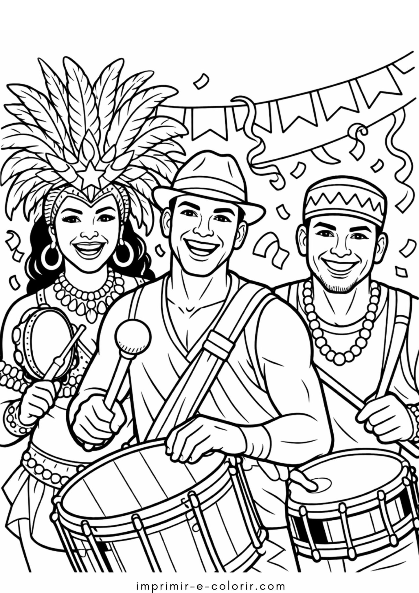 Desenho de Carnaval – Bateristas e dançarinos para colorir e imprimir