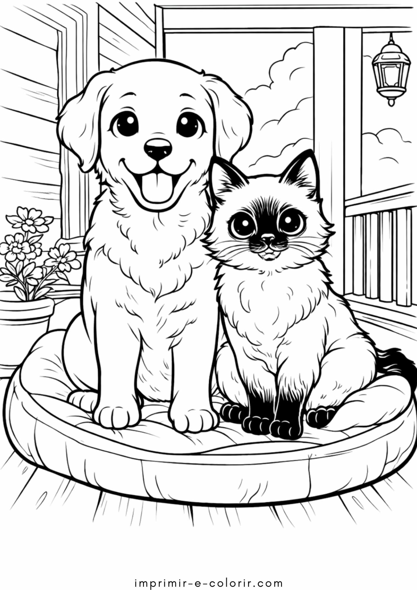 Desenho de Cão labrador e gato siamês para colorir e imprimir