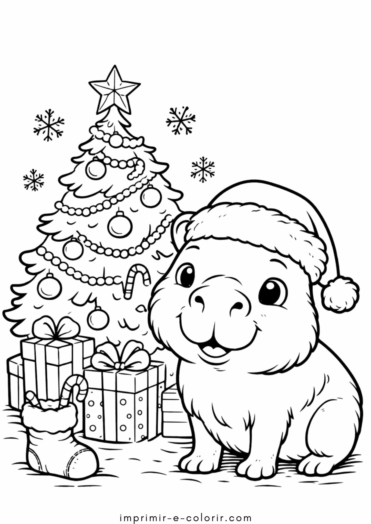 Desenho de Capivara com um gorro de Papai Noel para colorir e imprimir