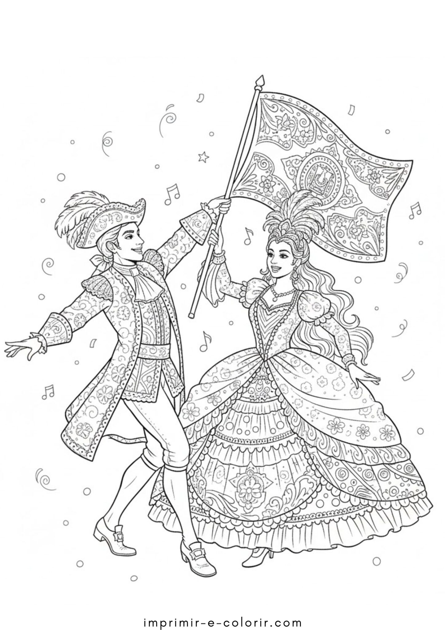 Desenho de Carnaval – Mestre-Sala e Porta-Bandeira para colorir e imprimir