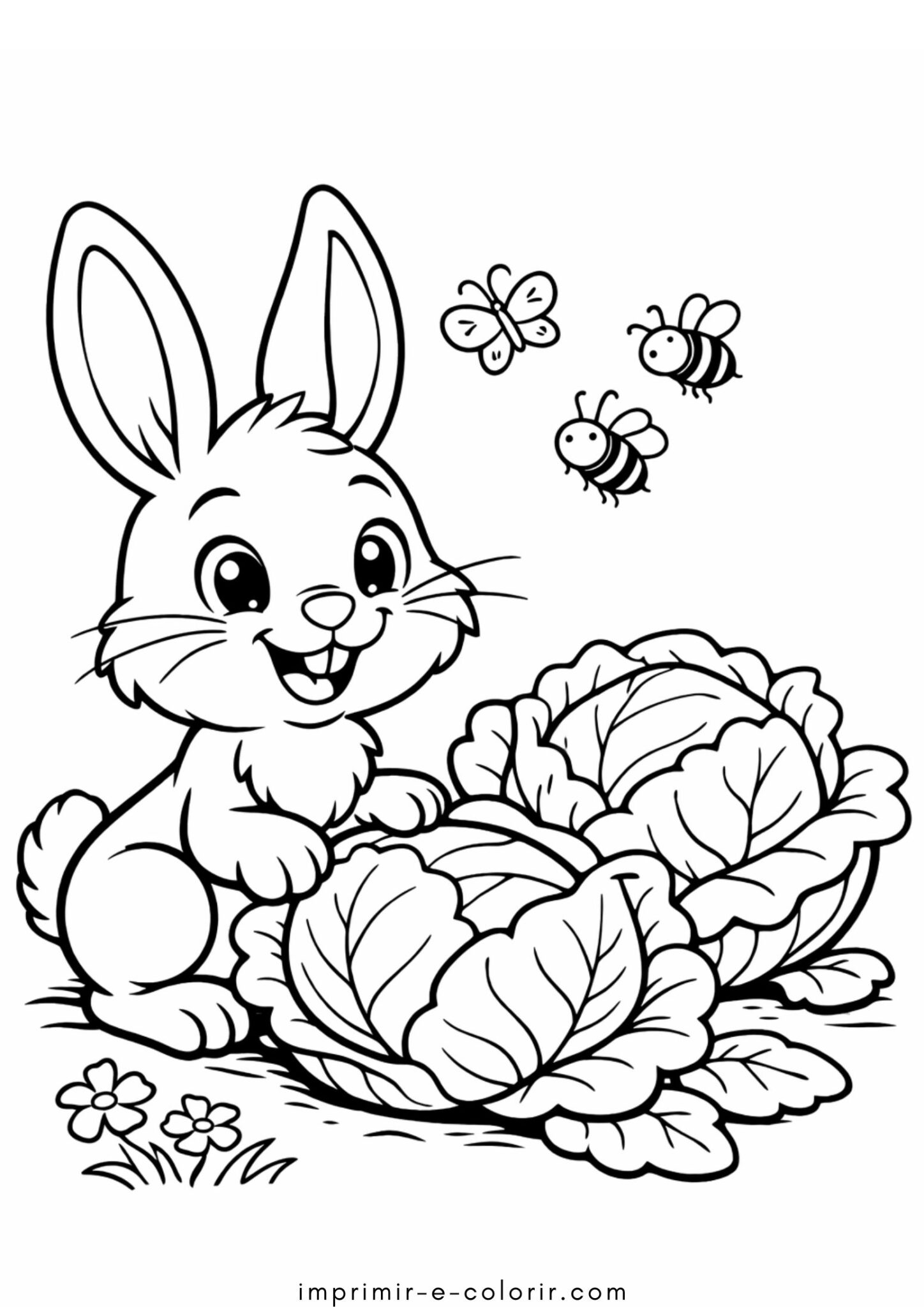 Desenho de Coelho com repolho para colorir e imprimir