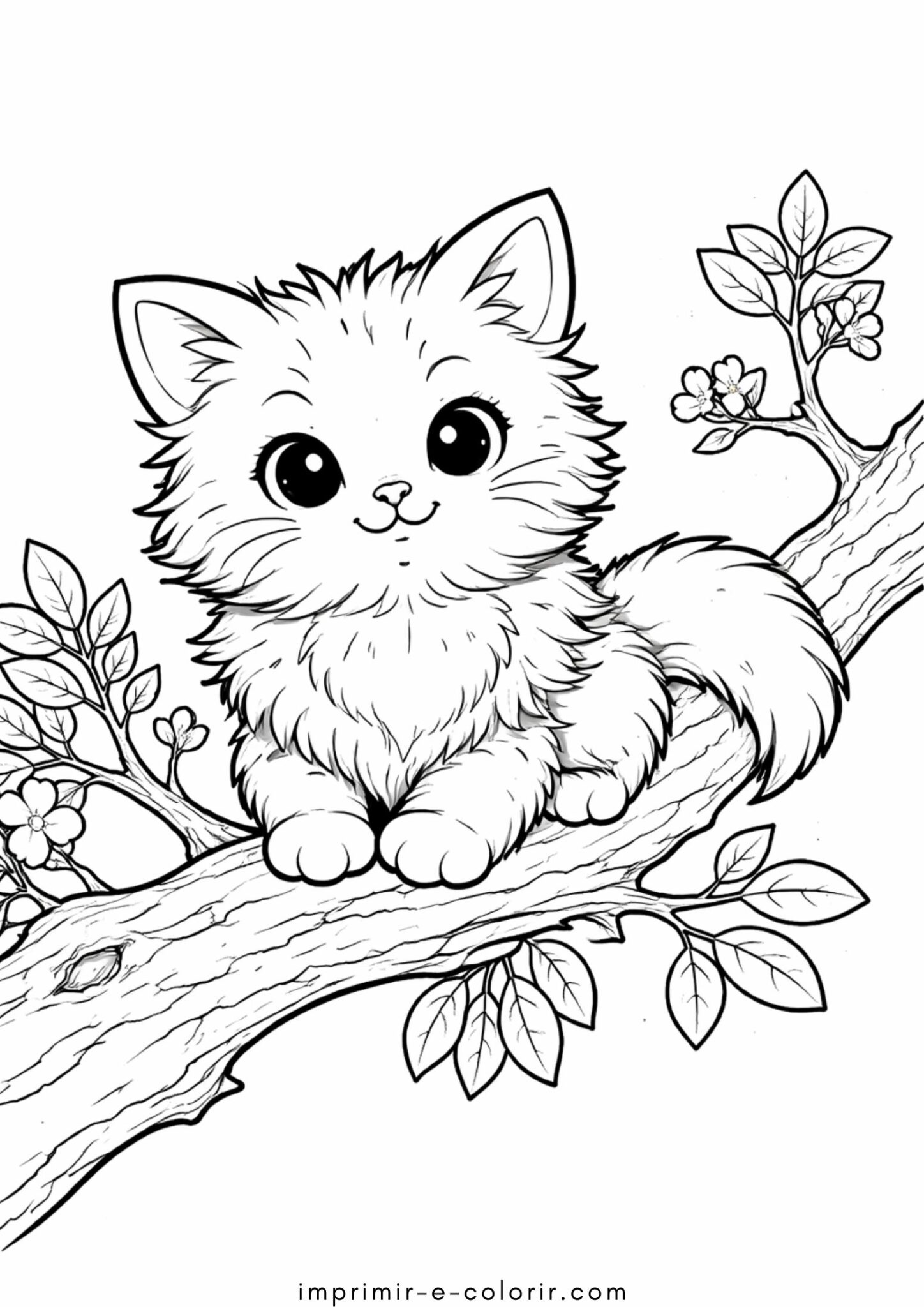 Desenho de Gatinho em uma árvore para colorir e imprimir