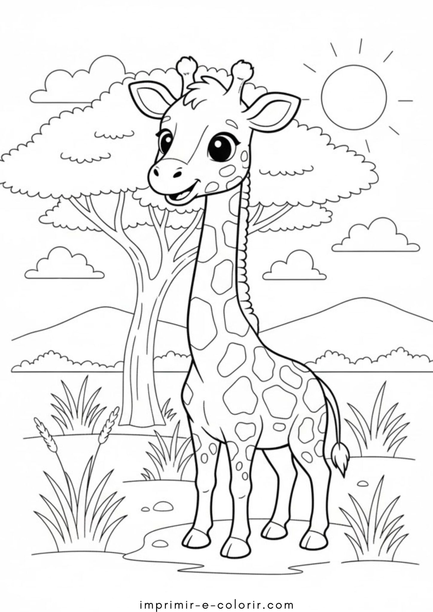 Desenho de Girafa na savana para colorir e imprimir