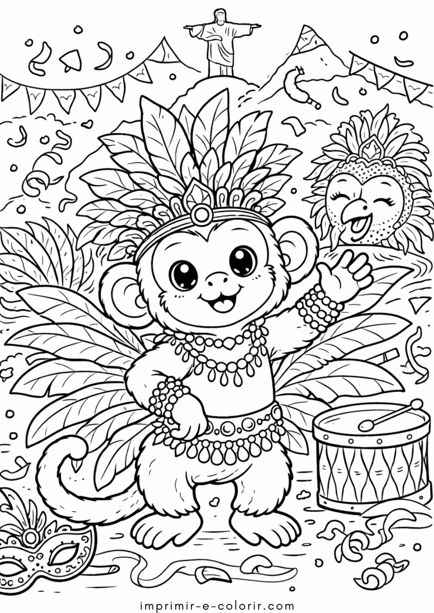 Desenho de Macaco no carnaval para colorir e imprimir
