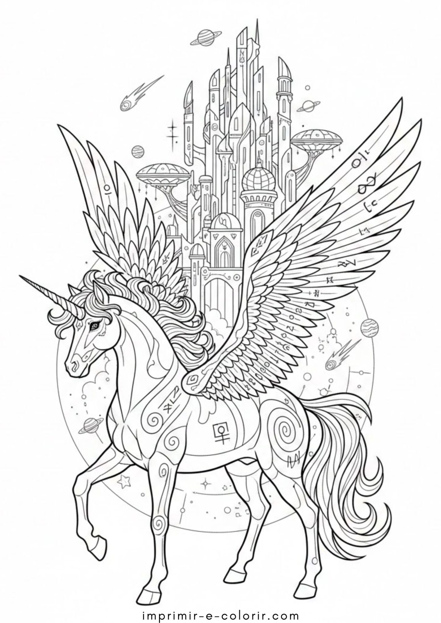 Desenho de O Unicórnio e o Castelo para colorir e imprimir