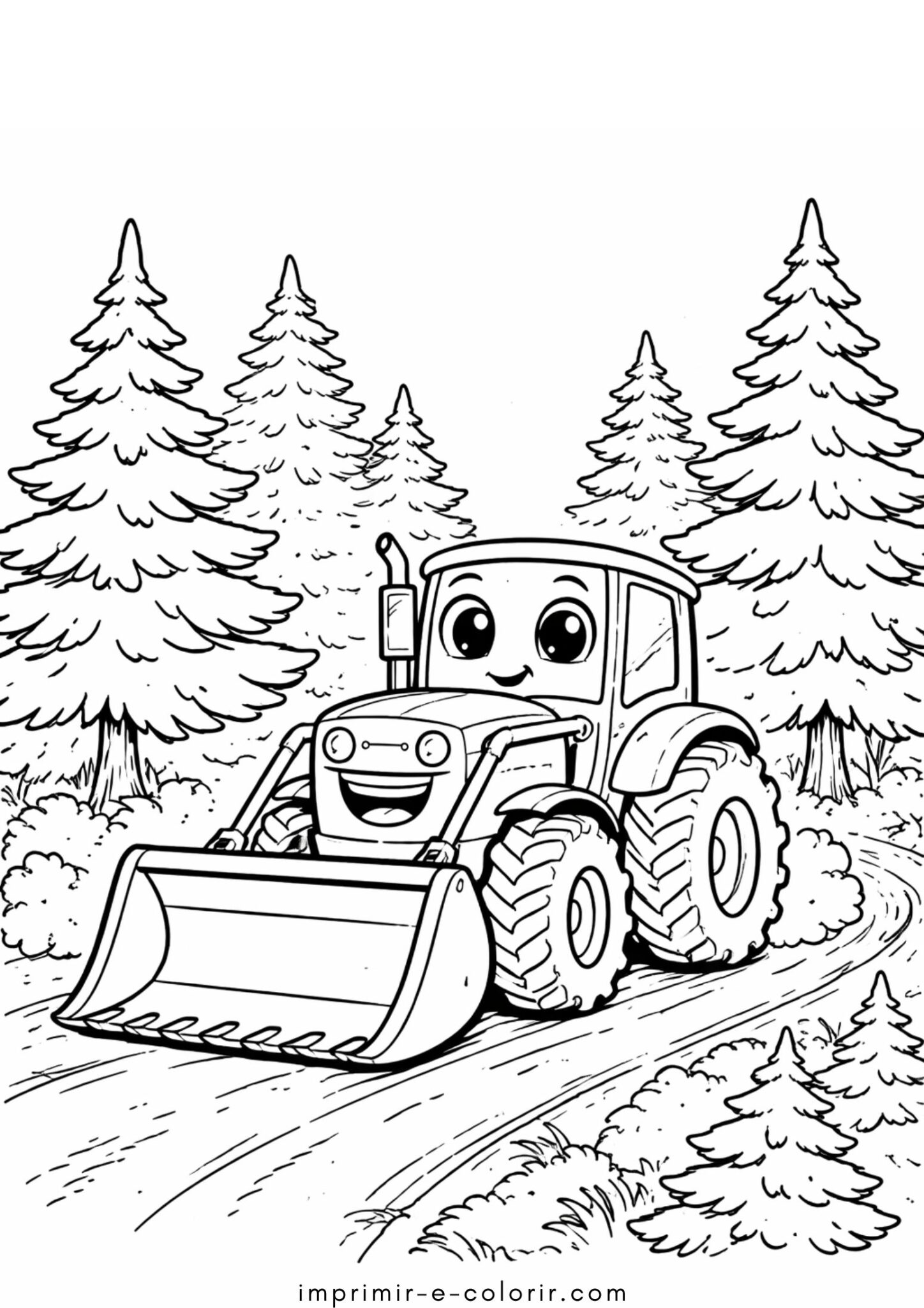 Desenho de Trator com pá carregadeira na floresta para colorir e imprimir