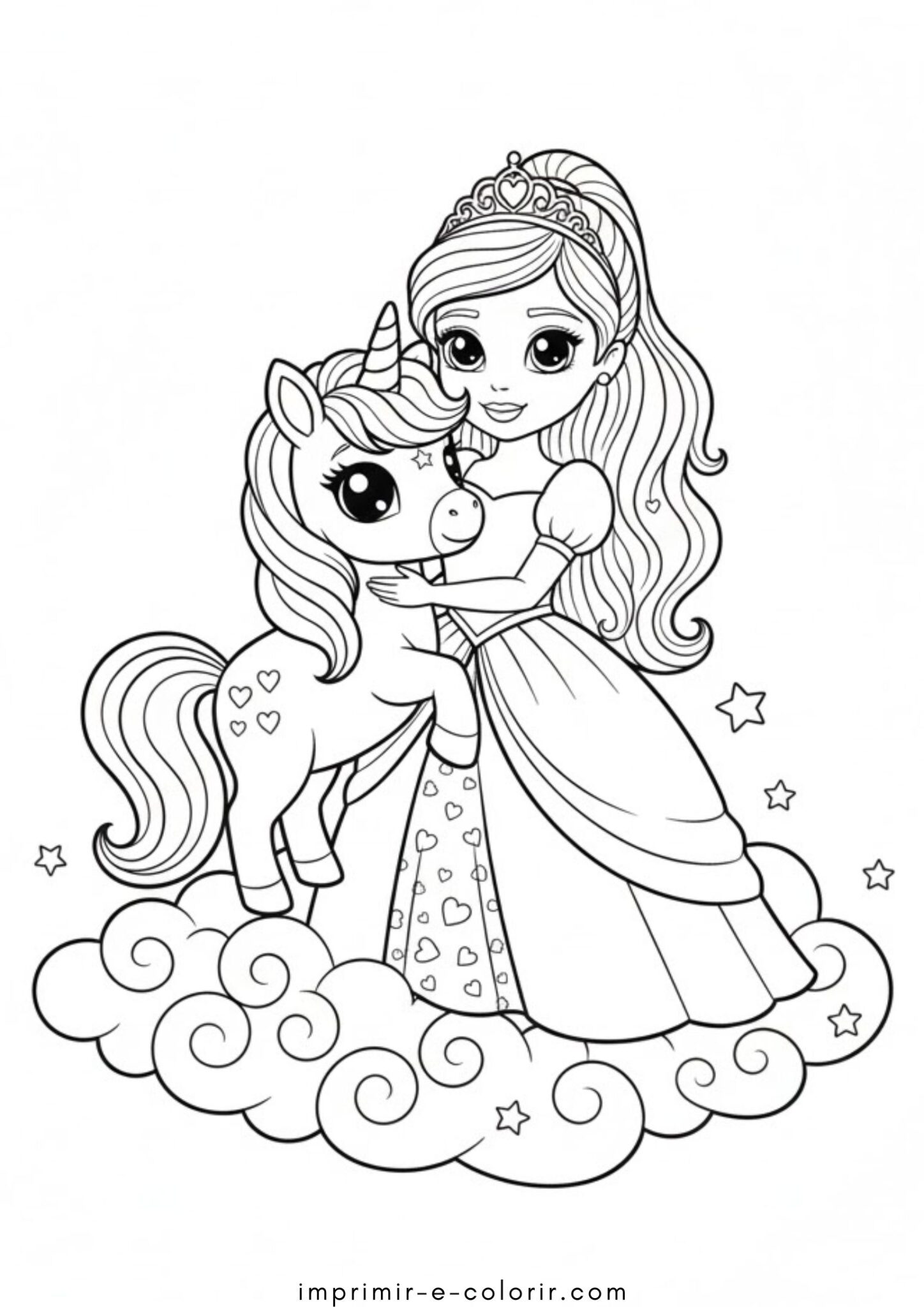 Desenho de Unicórnio com Princesa para colorir e imprimir