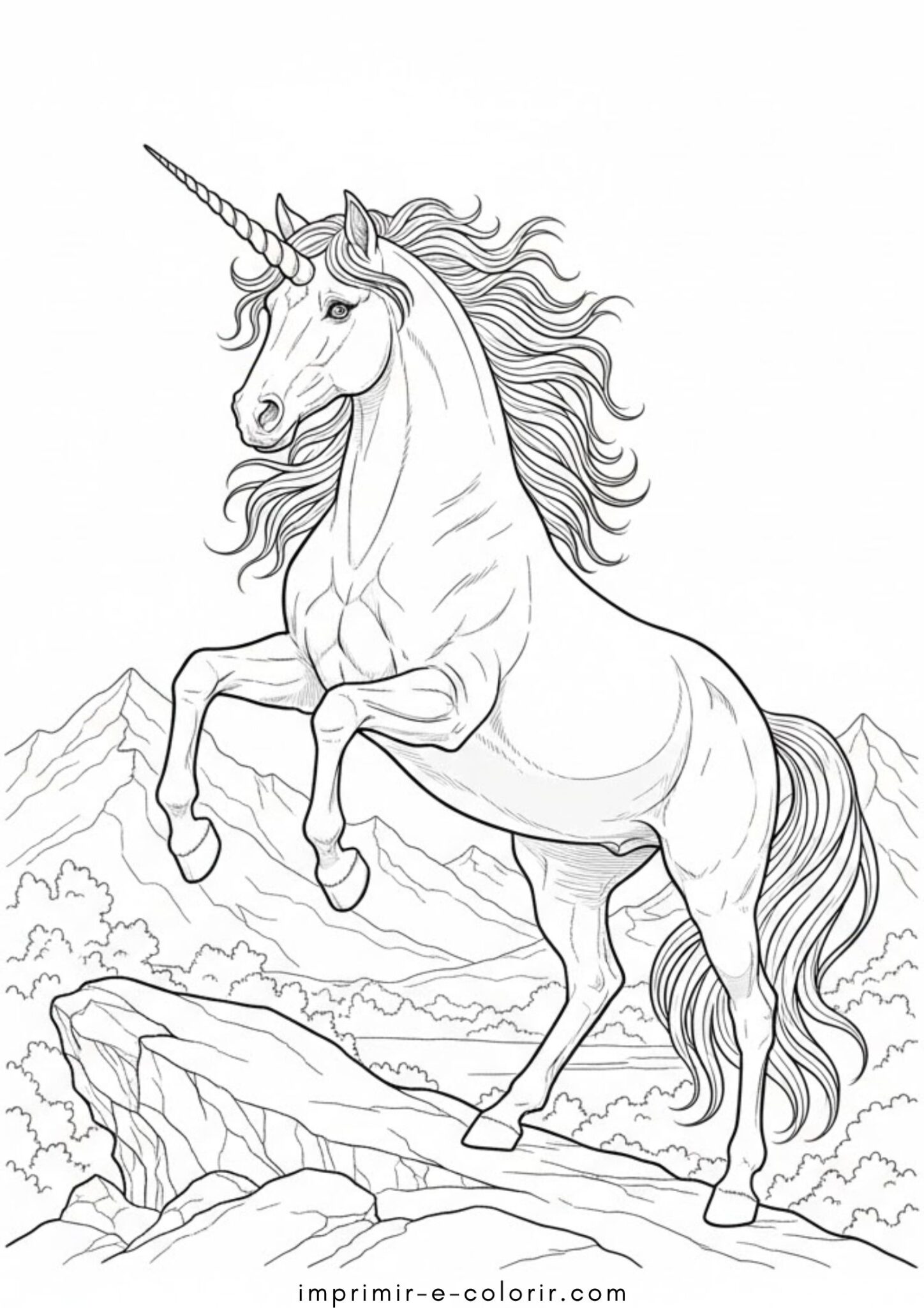 Desenho de Unicórnio realista para colorir e imprimir