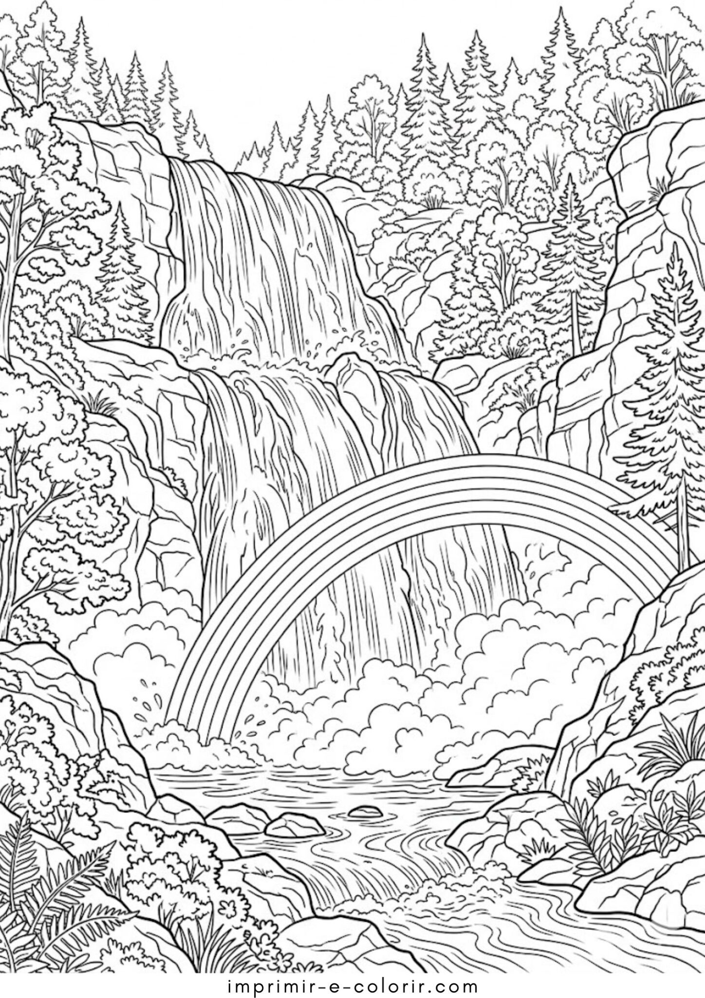 Desenho de Arco-íris na cachoeira para colorir e imprimir