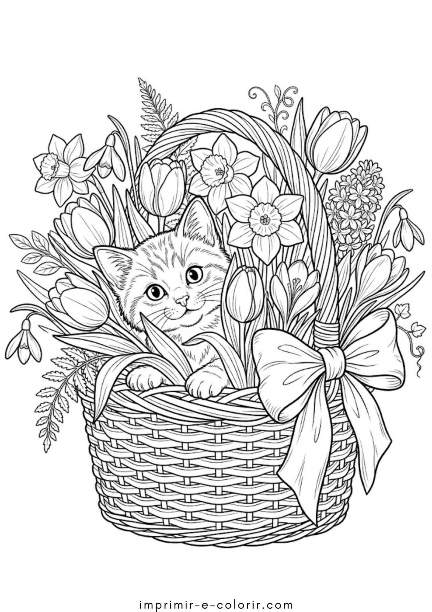 Desenho de Cesta com flores da primavera e um gato para colorir e imprimir