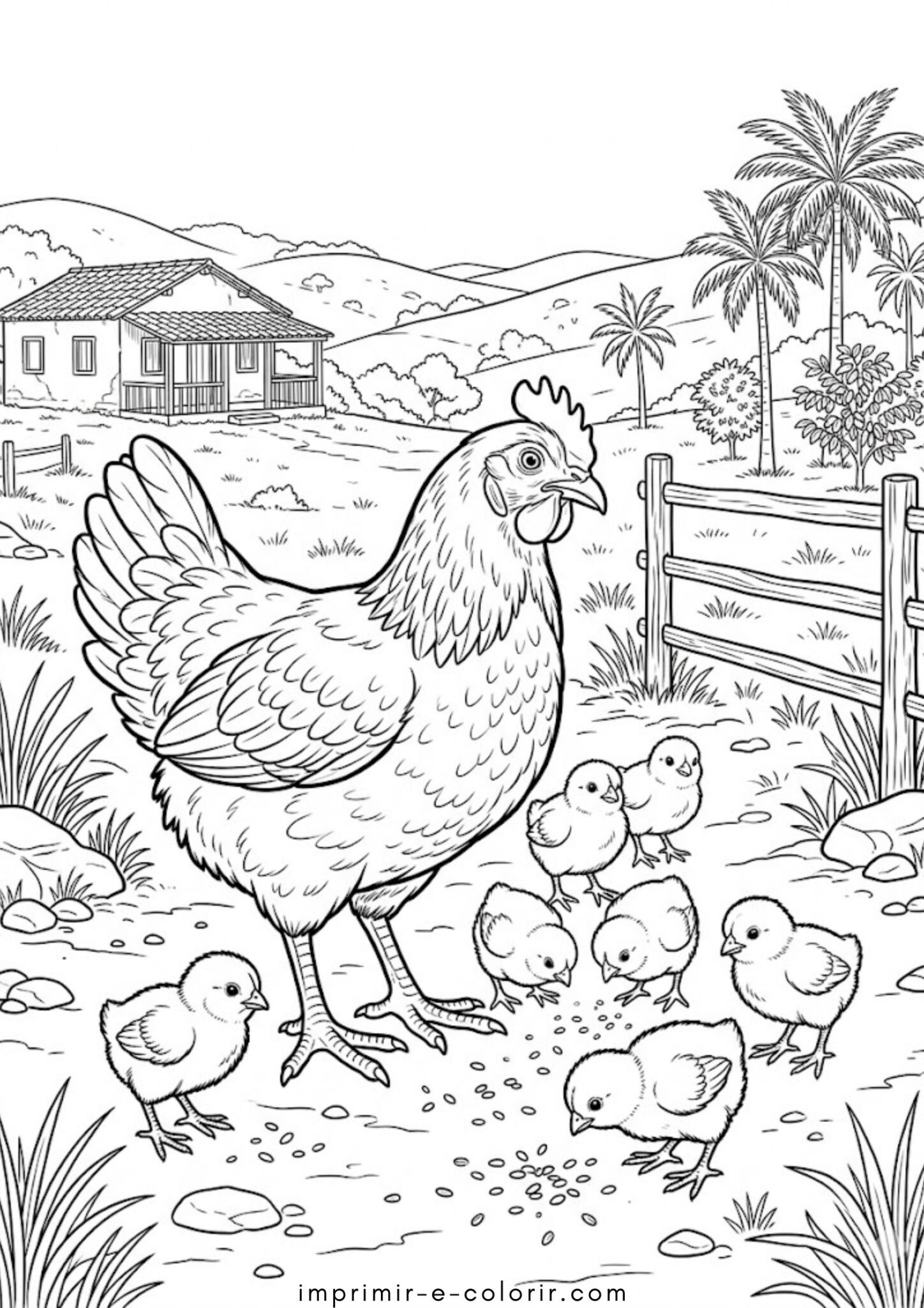 Desenho de Fazenda – Galinha e pintinhos para colorir e imprimir