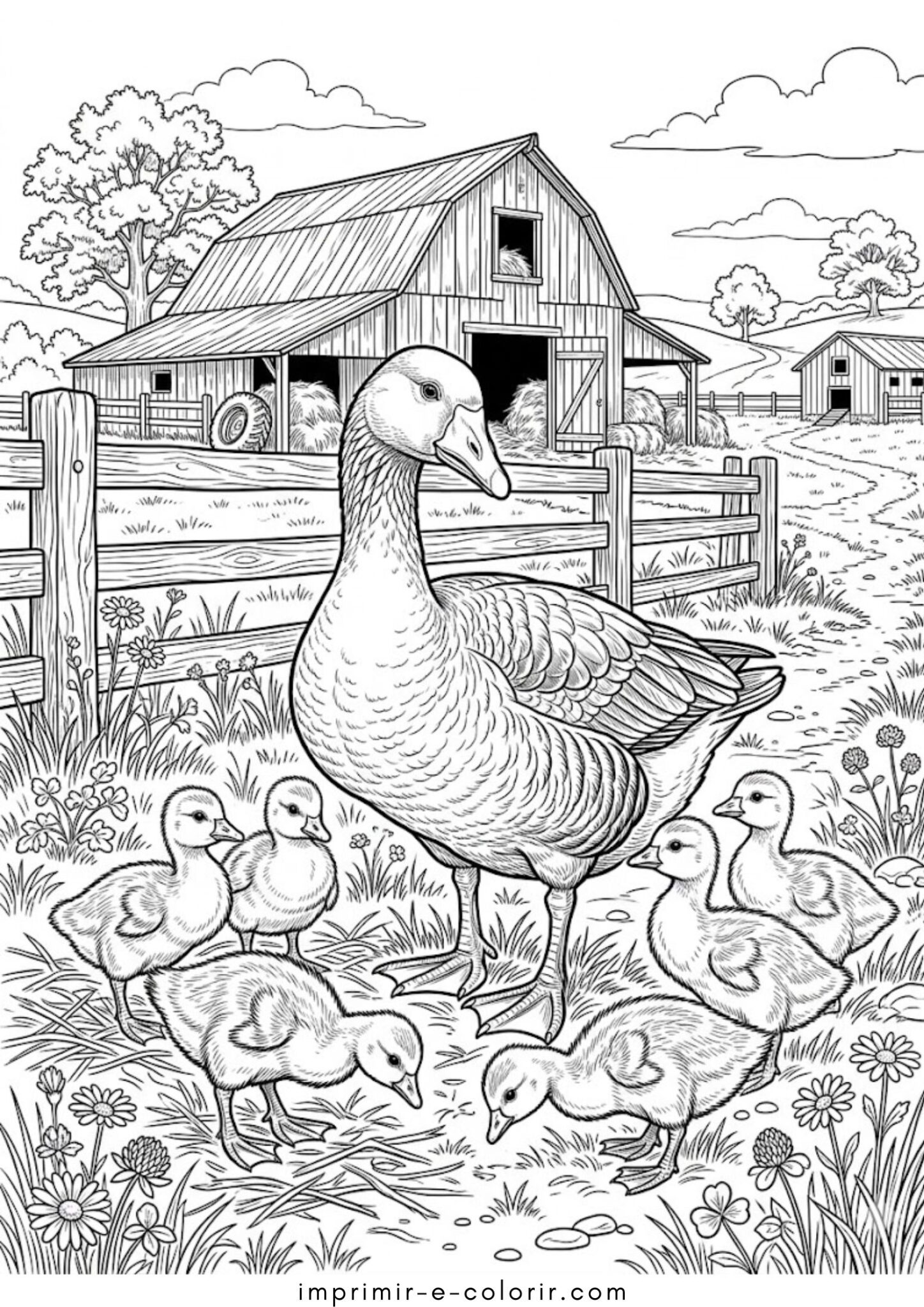 Desenho de Fazenda – Ganso com gansinhos para colorir e imprimir