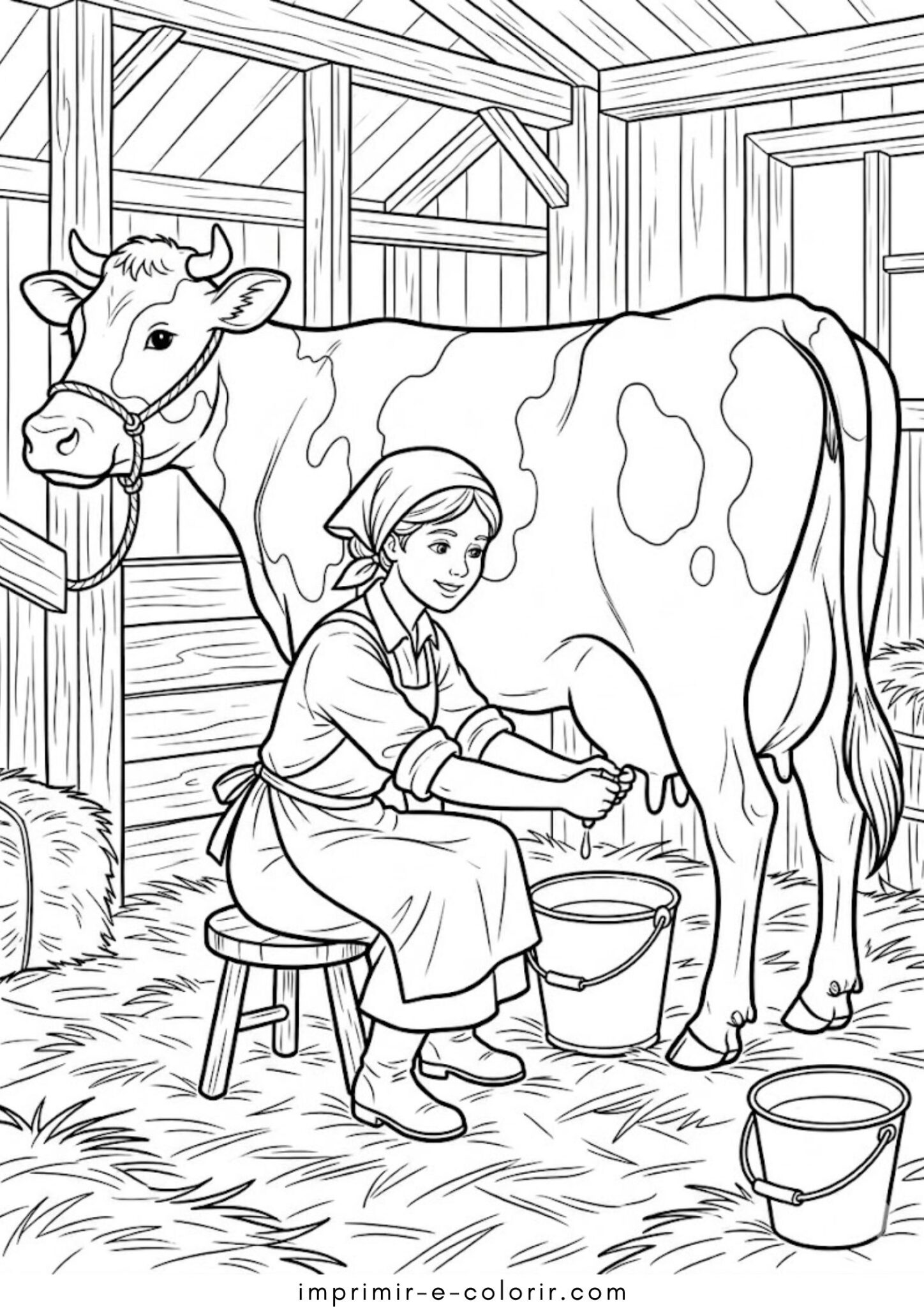 Desenho de Fazenda – Leiteira ordenhando uma vaca para colorir e imprimir