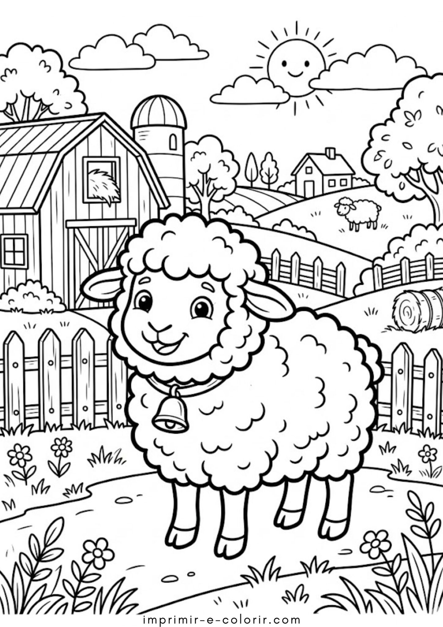 Desenho de Fazenda – Ovelha fofa para colorir e imprimir
