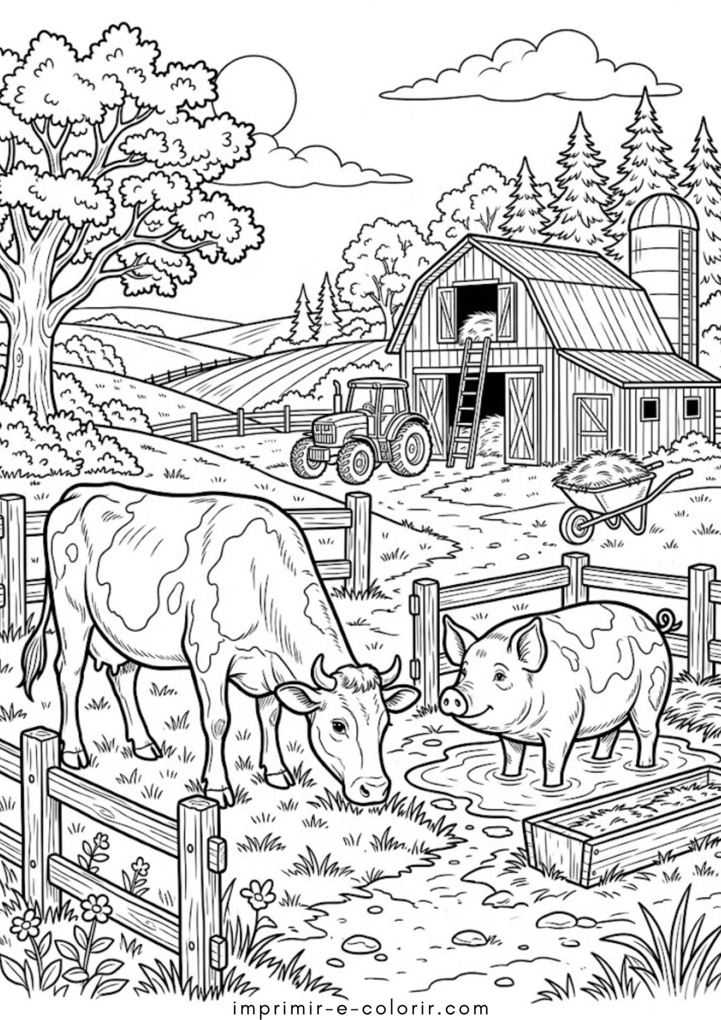 Desenho de Fazenda – Vaca e Porco para colorir e imprimir