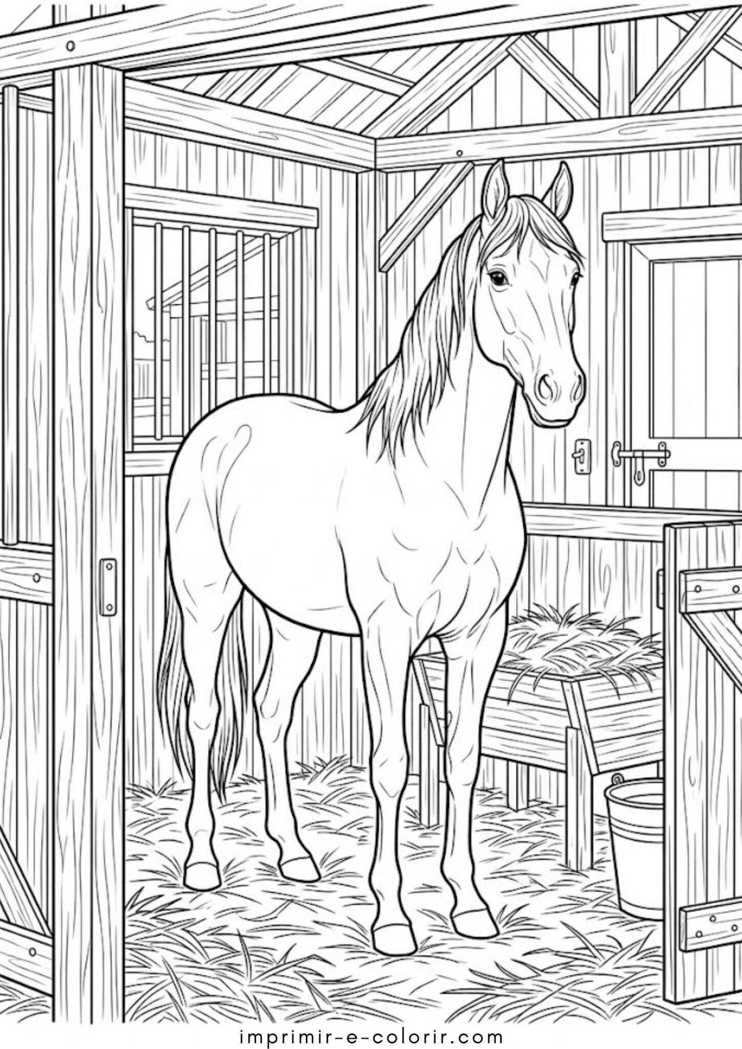 Desenho de Fazendinha – Cavalo no estábulo para colorir e imprimir