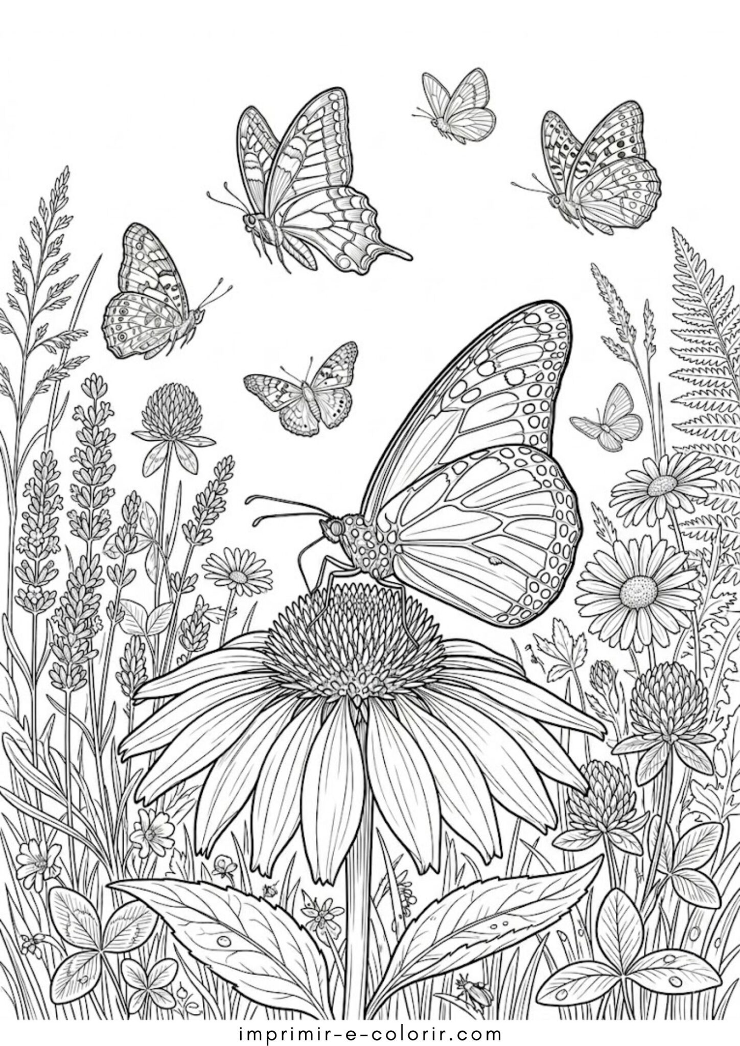 Desenho de Jardim com flores e borboletas para colorir e imprimir