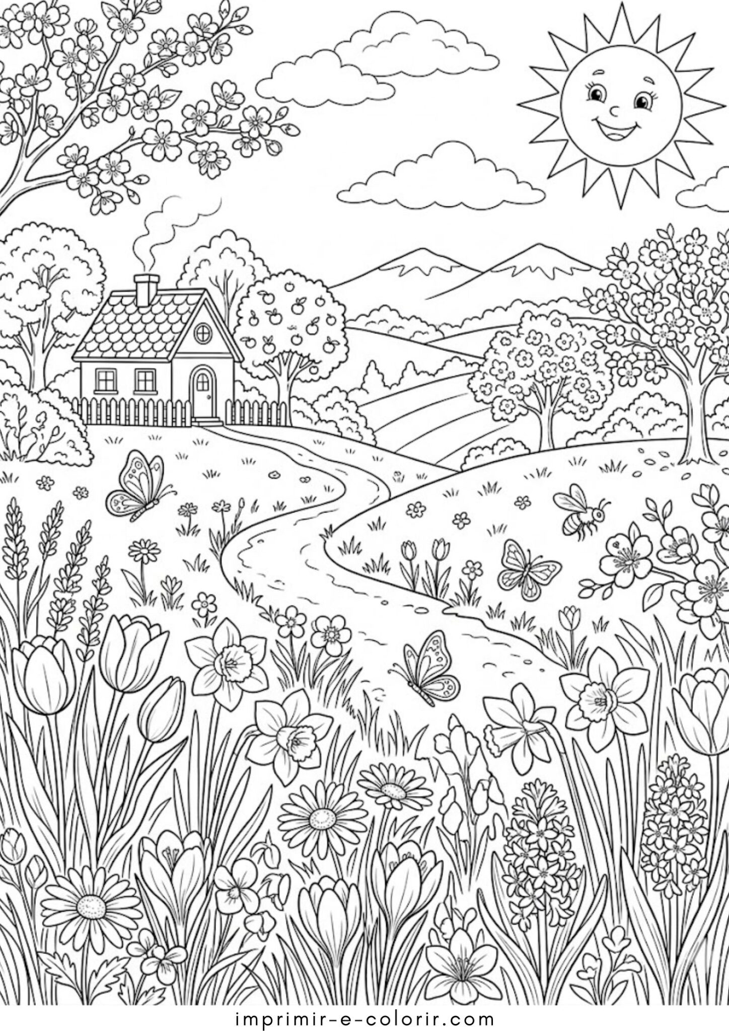 Desenho de Paisagem de primavera para colorir e imprimir
