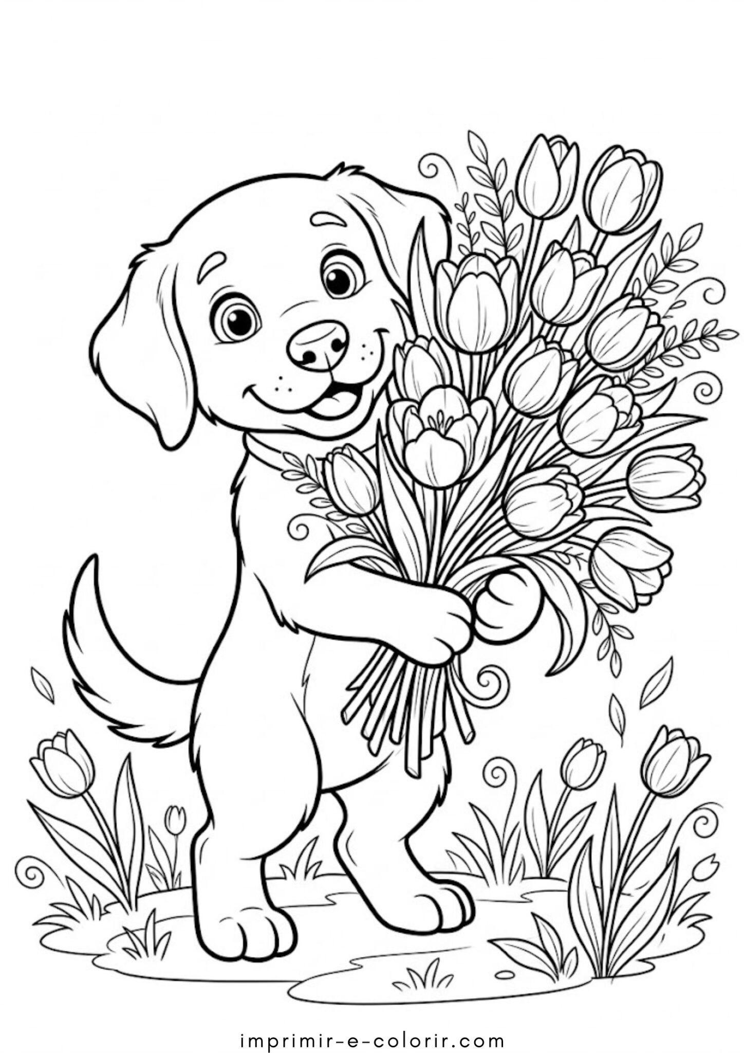 Desenho de Primavera – um cachorro com tulipas para colorir e imprimir