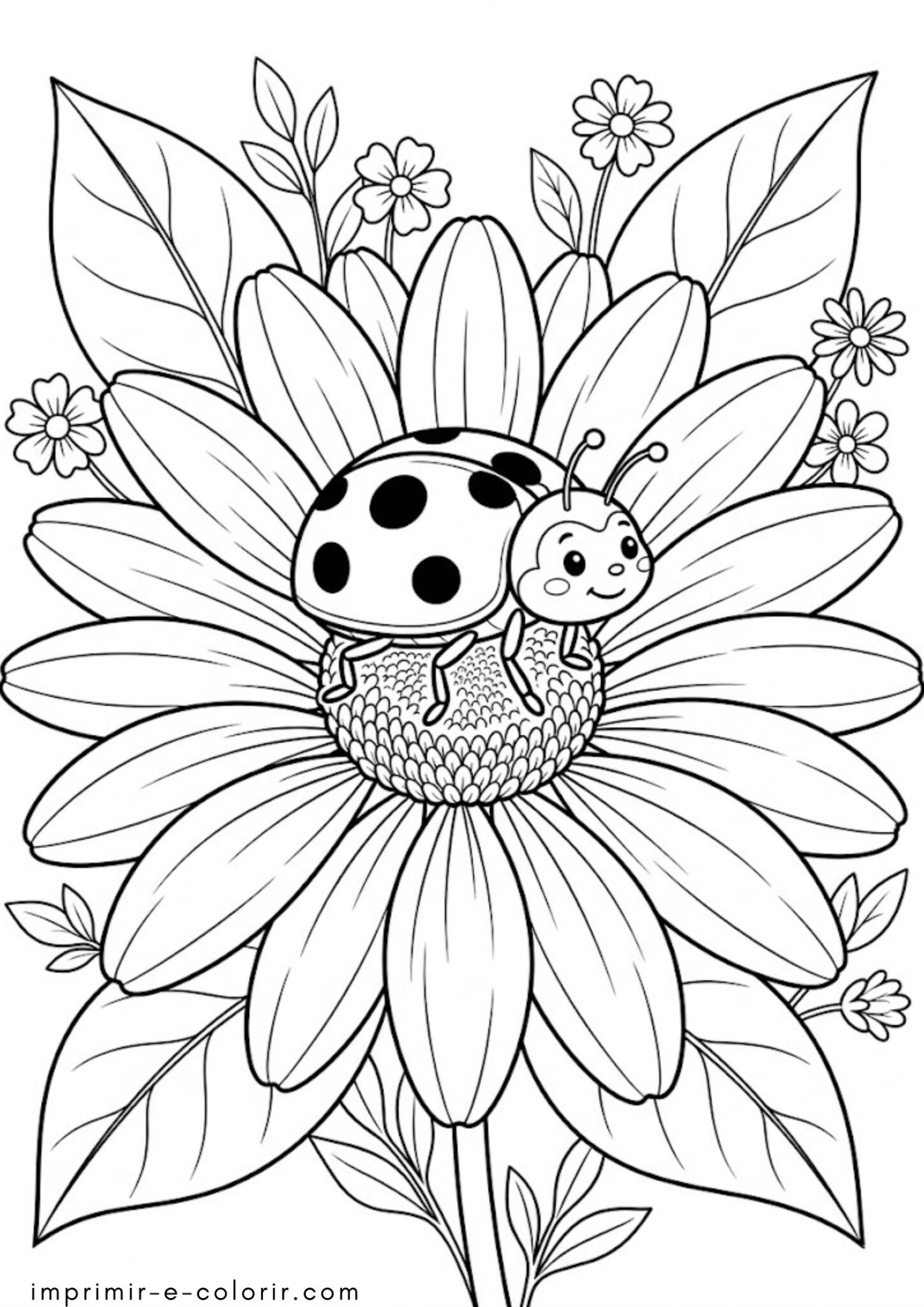 Desenho de Primavera – uma joaninha em uma flor para colorir e imprimir