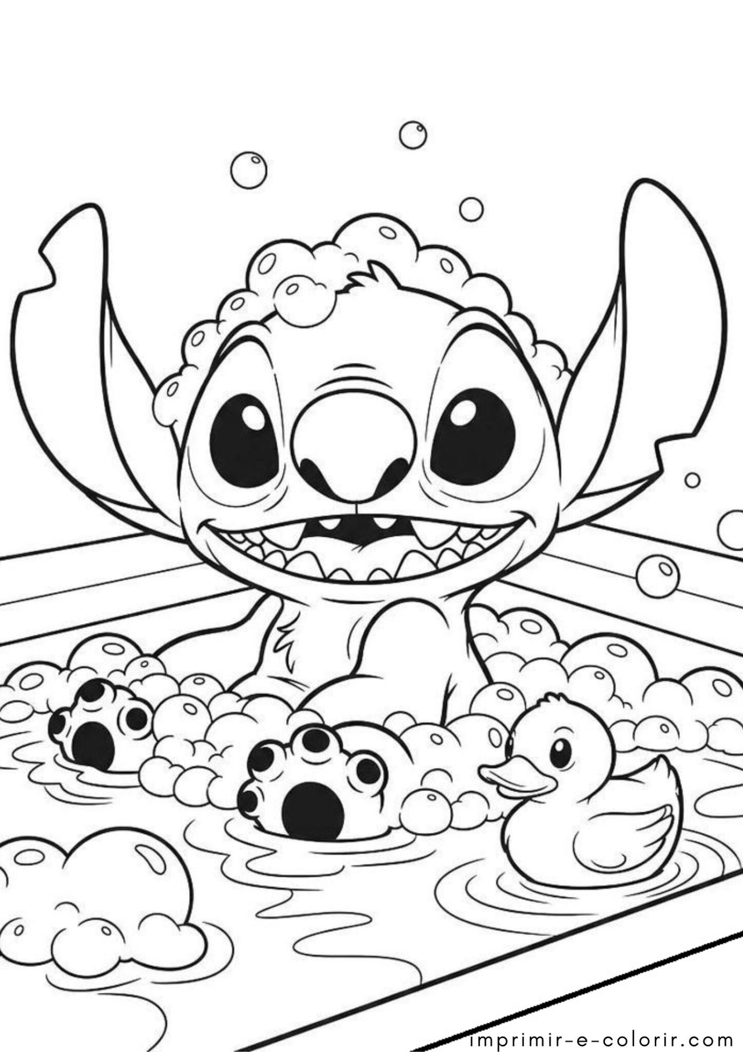 Desenho de Stitch na banheira com patinho para colorir e imprimir