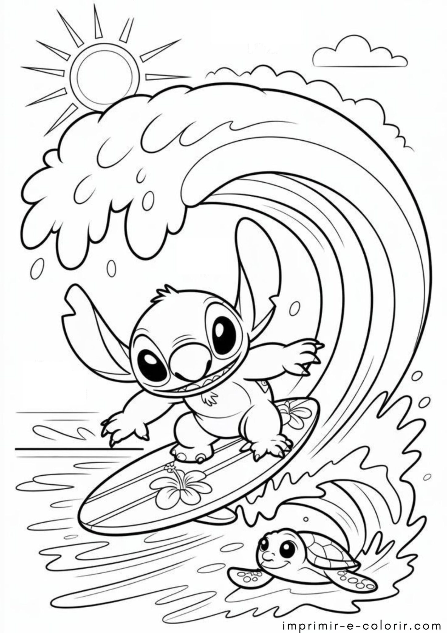 Desenho de Stitch surfando para colorir e imprimir