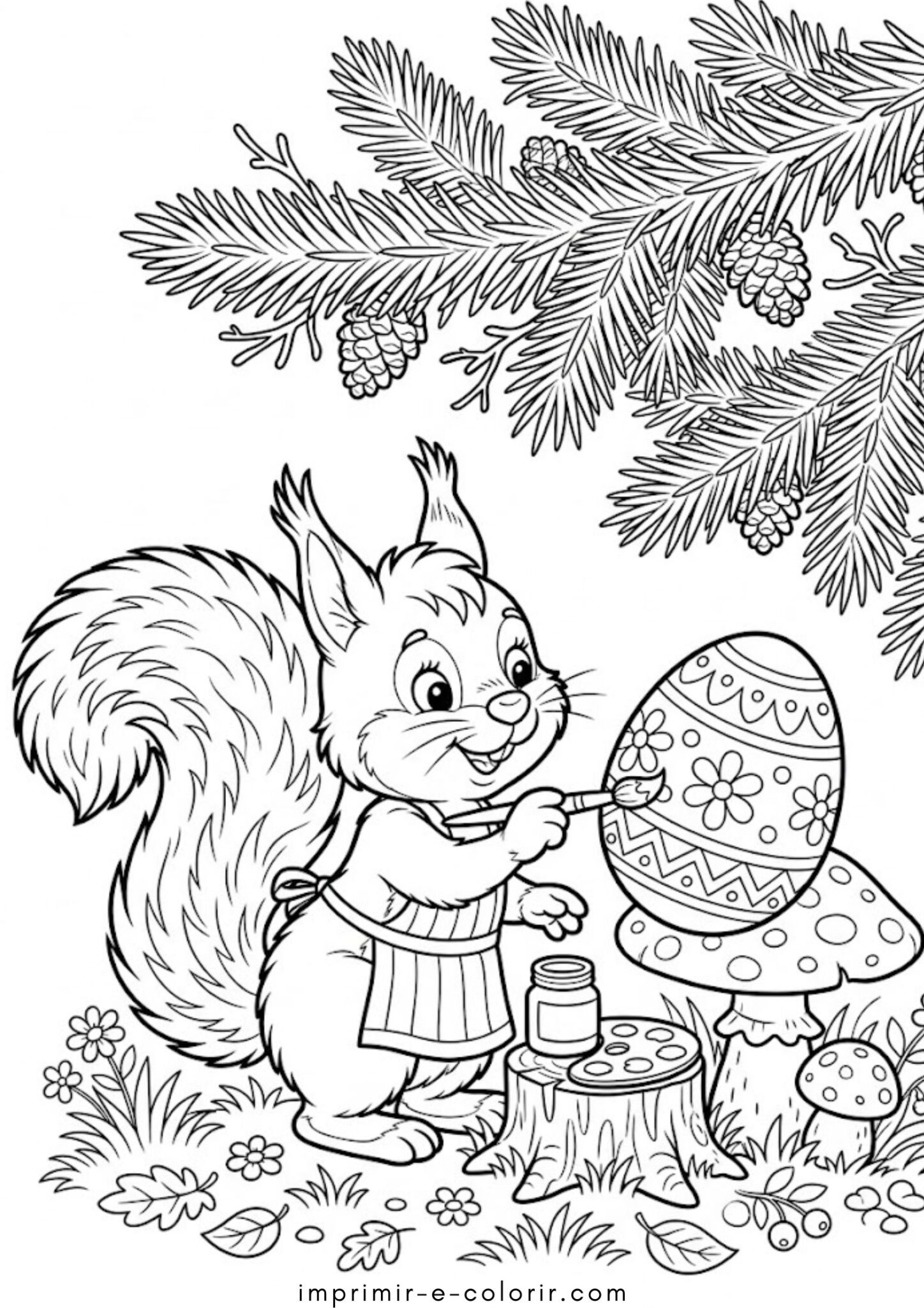 Desenho de Um esquilo colorindo um ovo de Páscoa