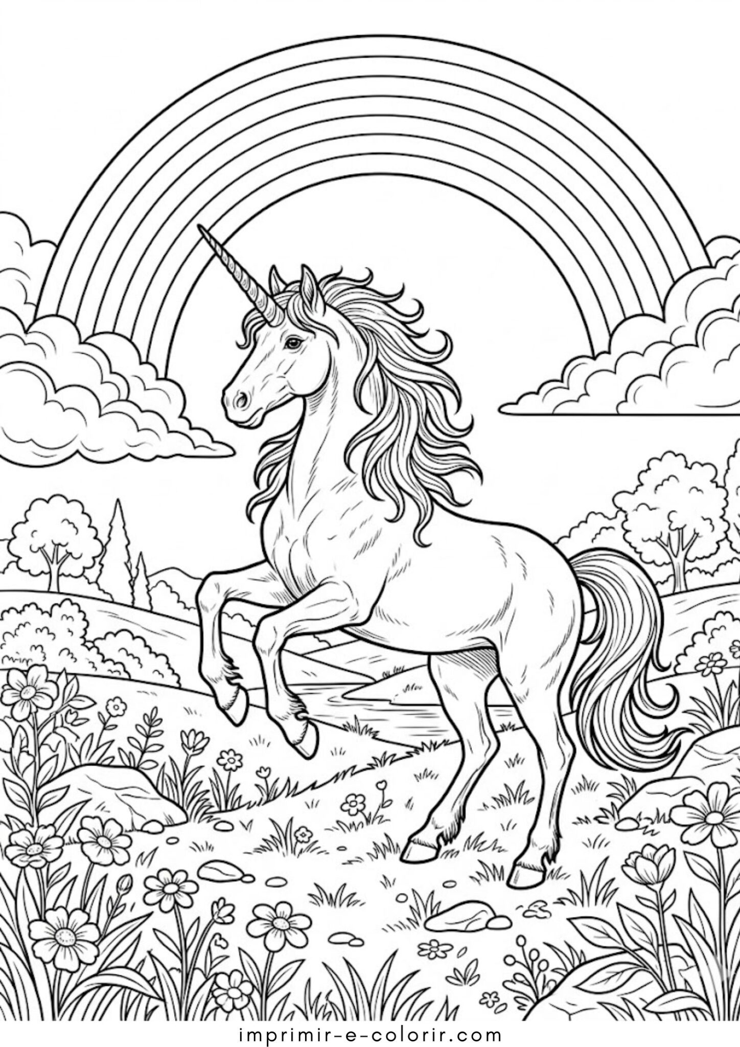 Desenho de Unicórnio e arco-íris para colorir e imprimir