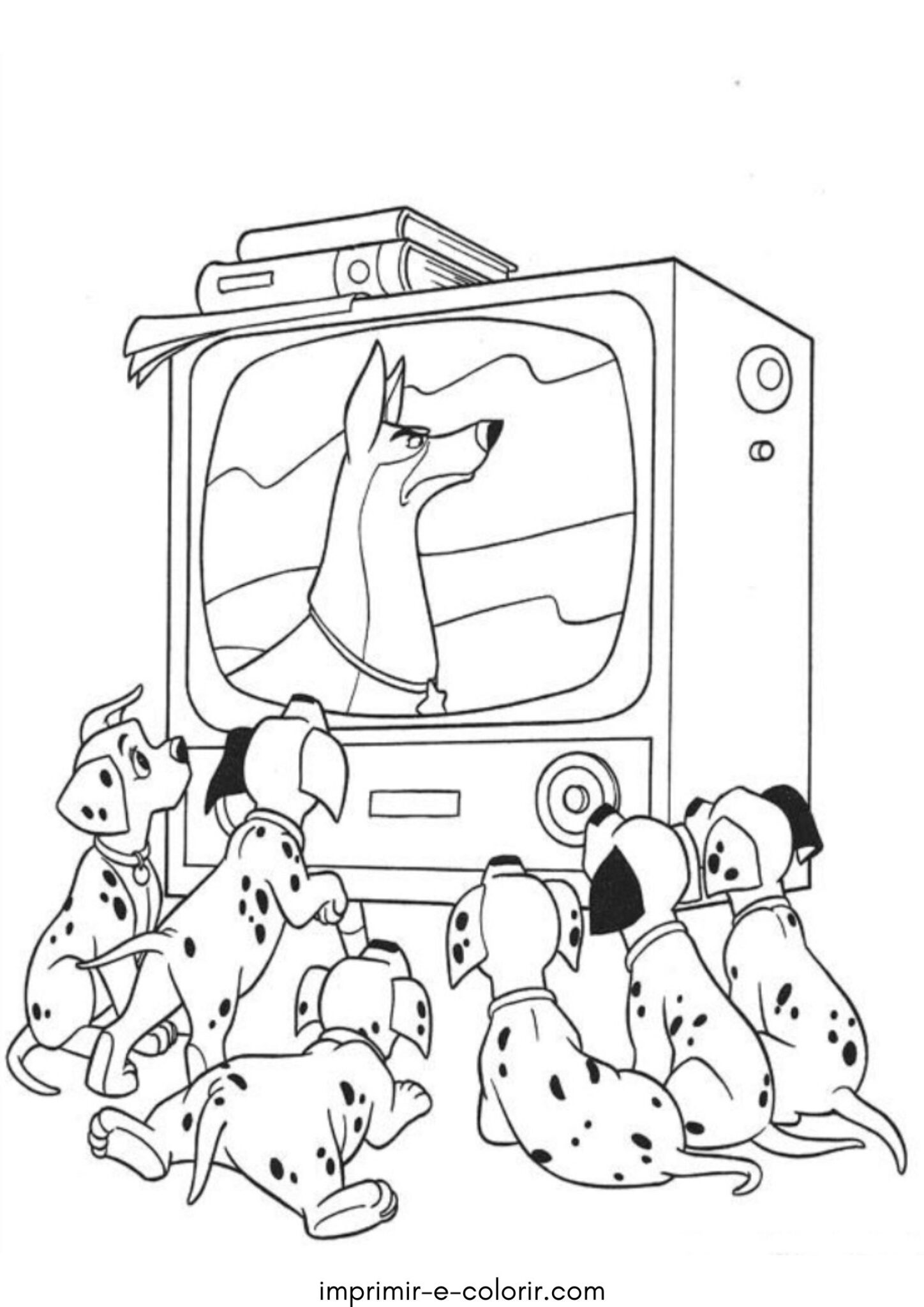 Desenho de Dálmatas assistindo TV