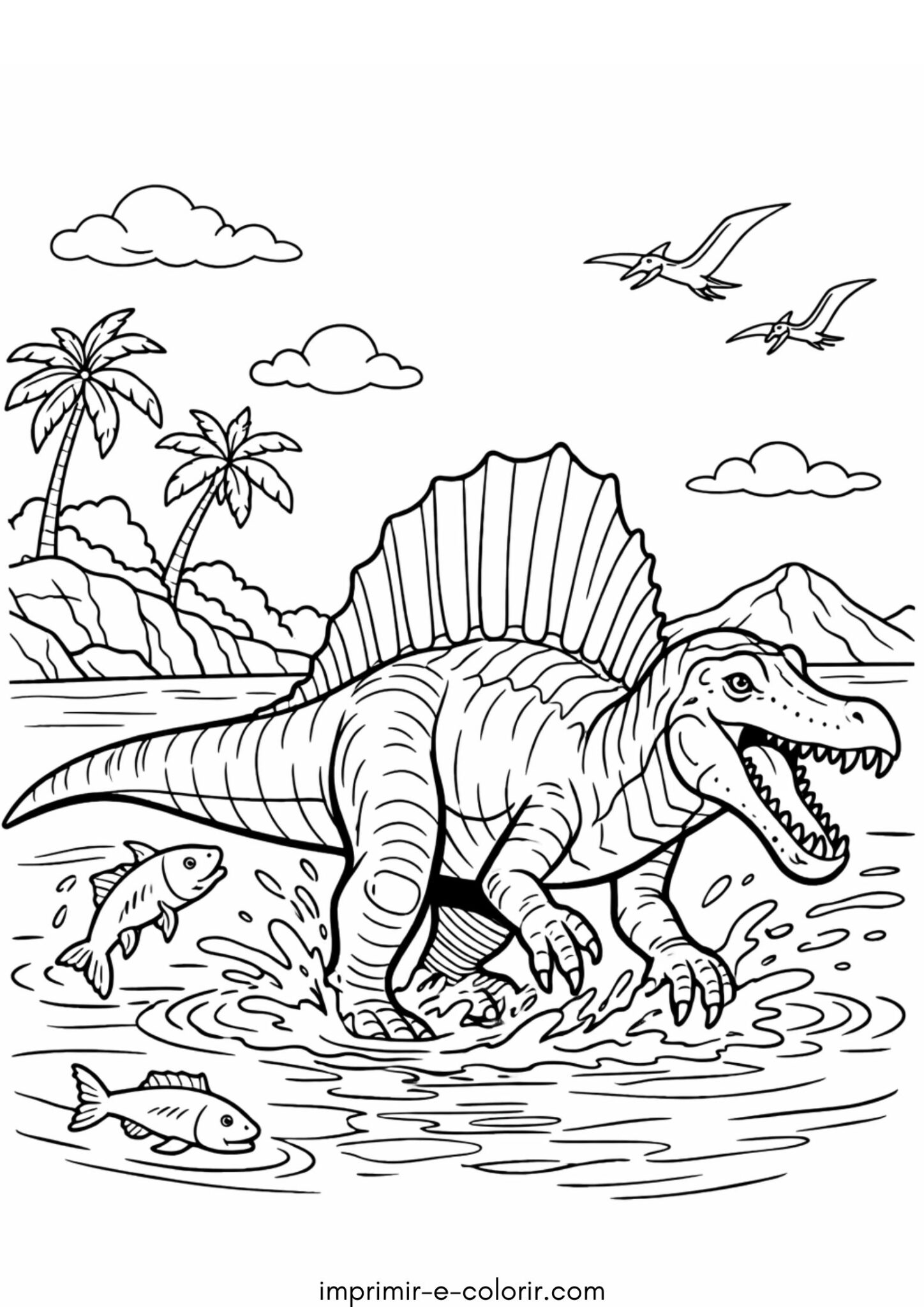 Desenho de Dinossauro Espinossauro na água