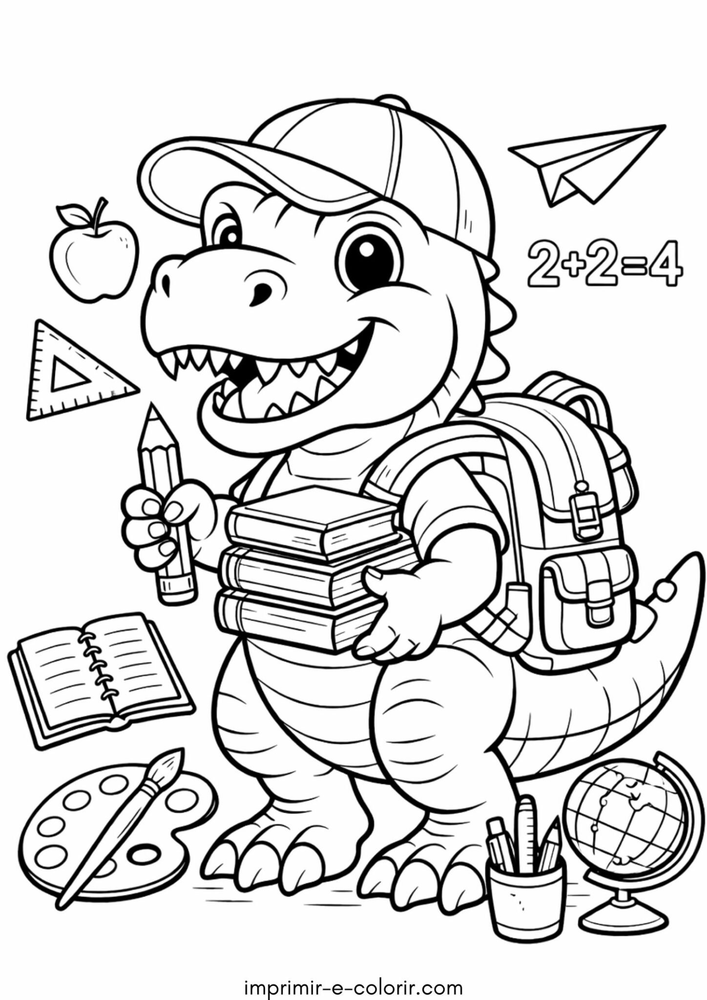 Desenho de Dinossauro com boné e mochila