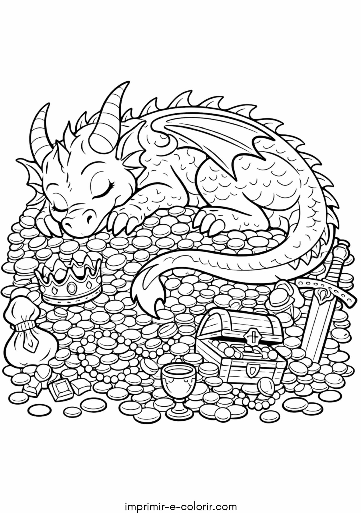 Desenho de Dragão dormindo em cima do ouro