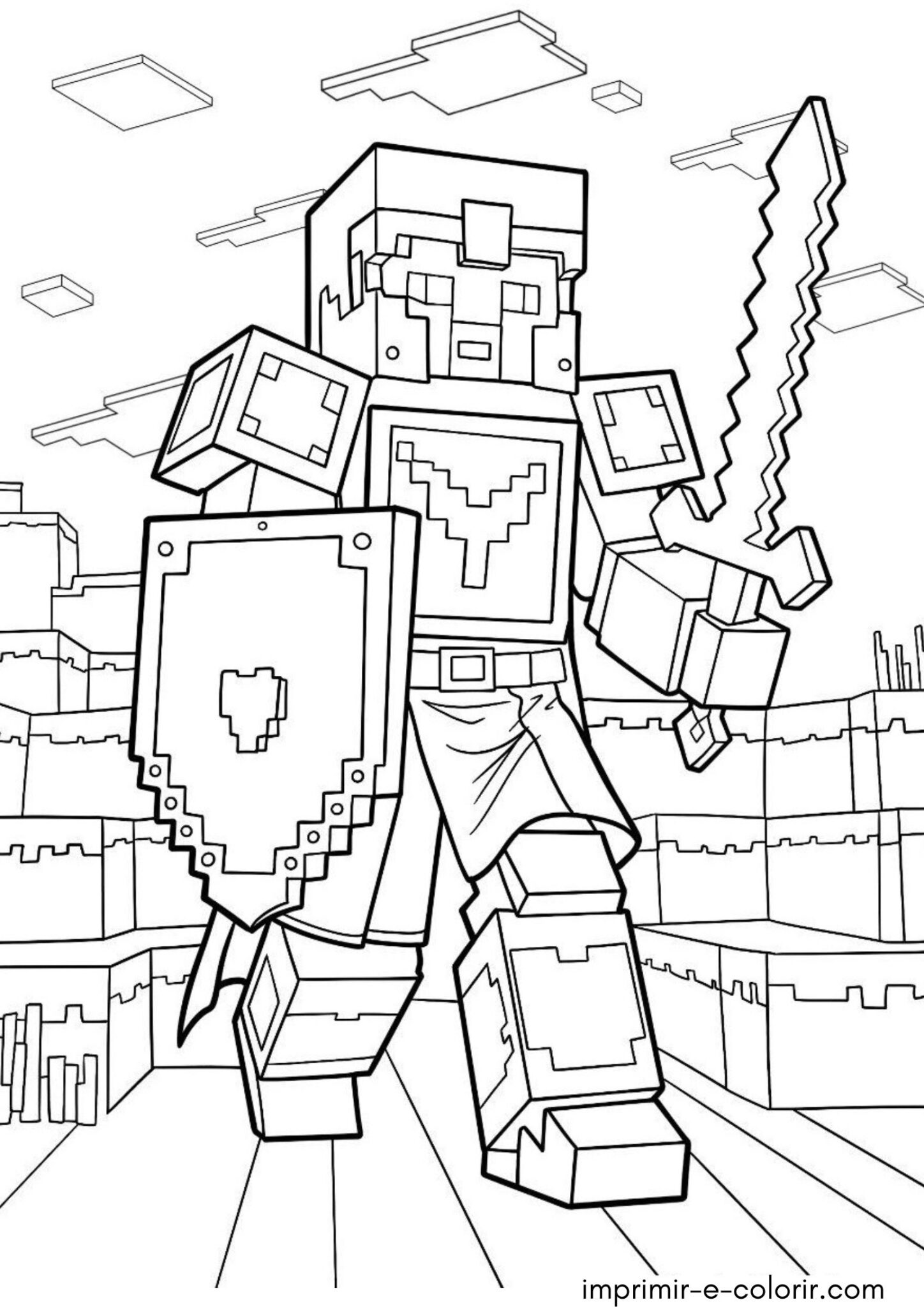Desenho de Guerreiro do Minecraft com armadura completa para colorir e imprimir
