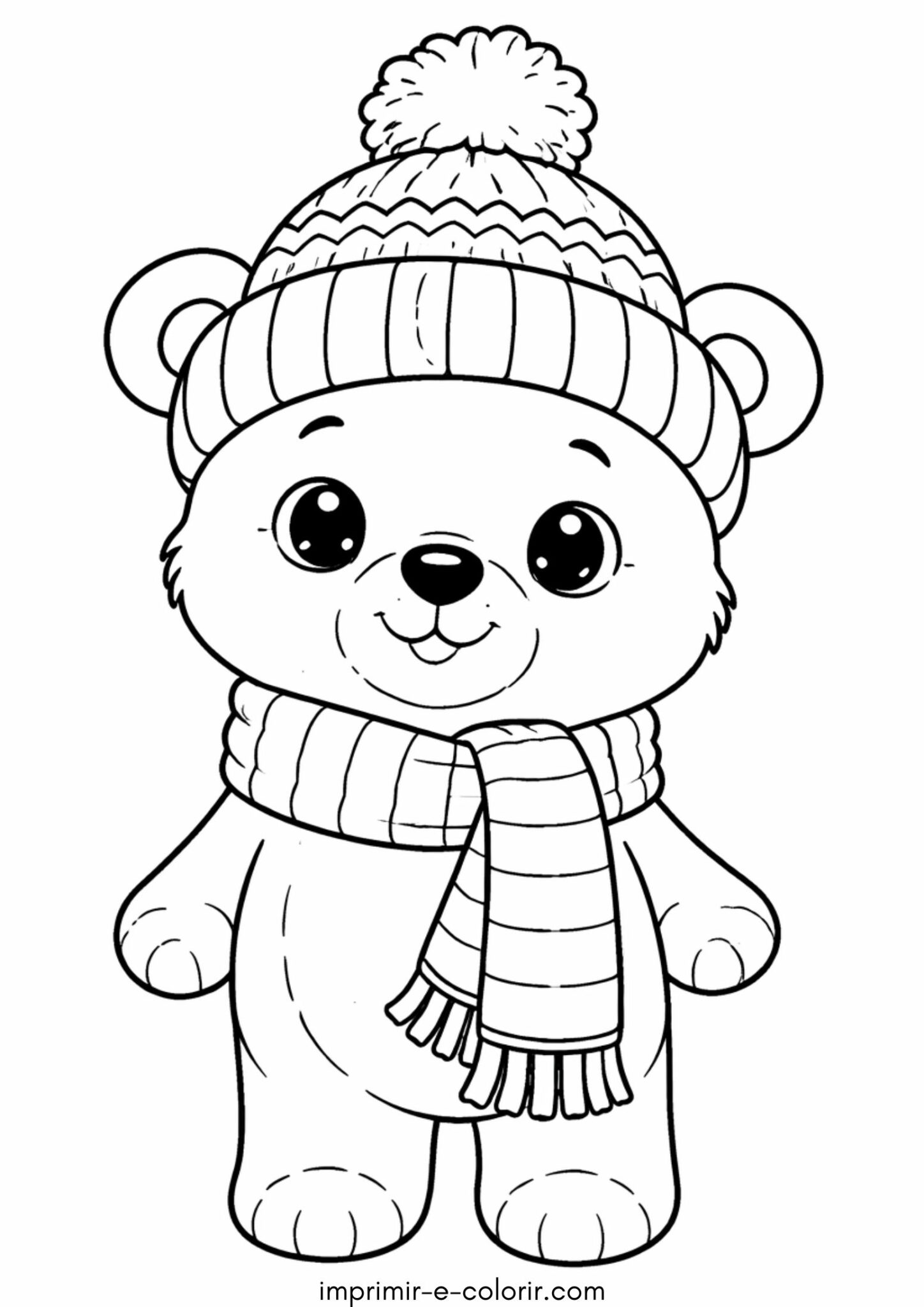 Desenho de Molde de urso em chapéu e cachecol