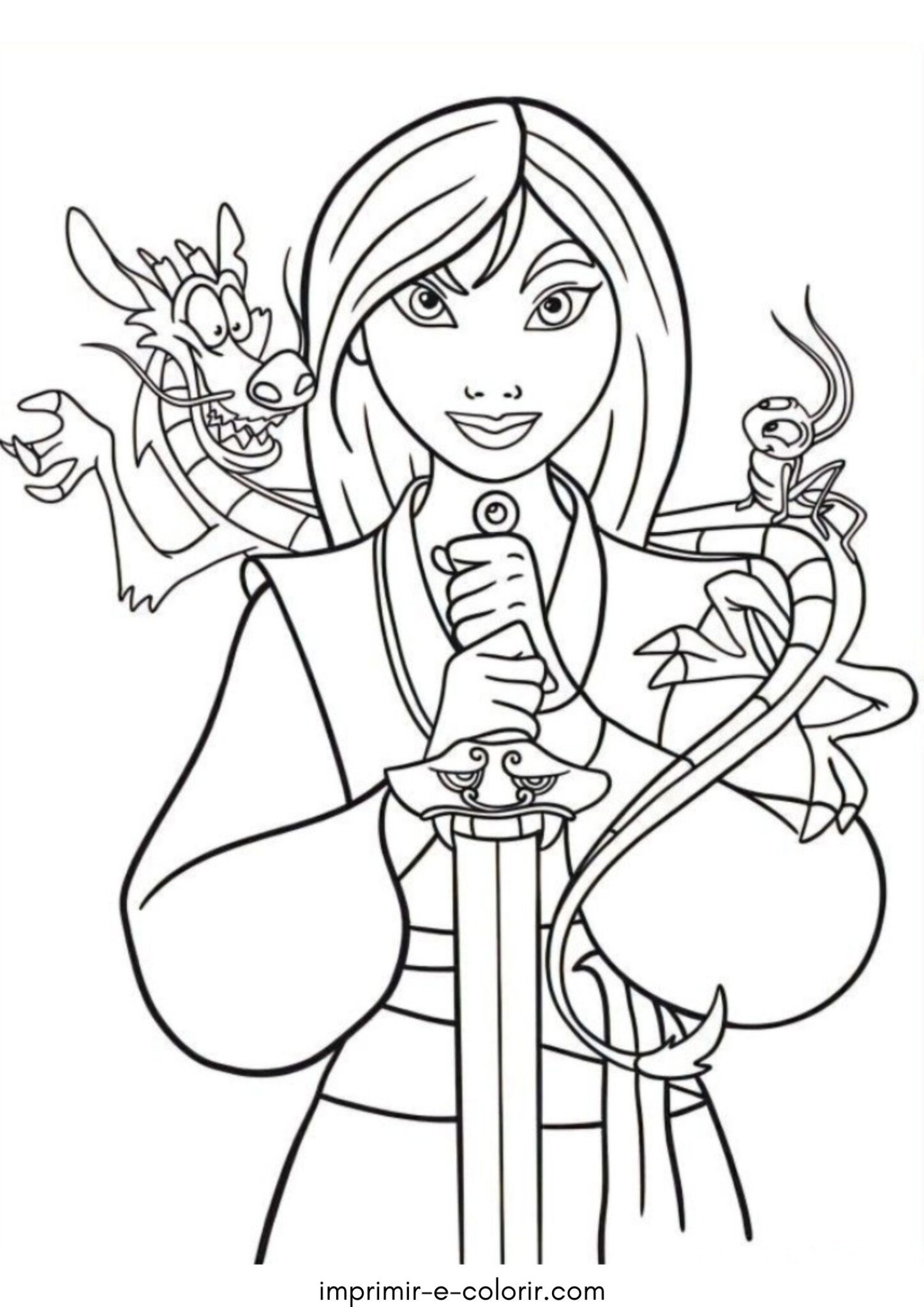 Desenho de Mulan, Mushu e Grilo para colorir e imprimir