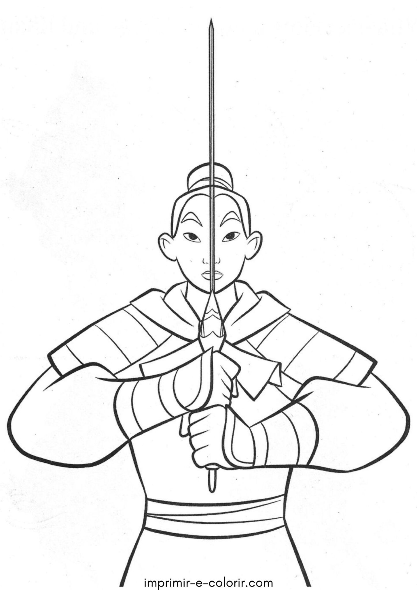Desenho de Mulan com armadura para colorir e imprimir