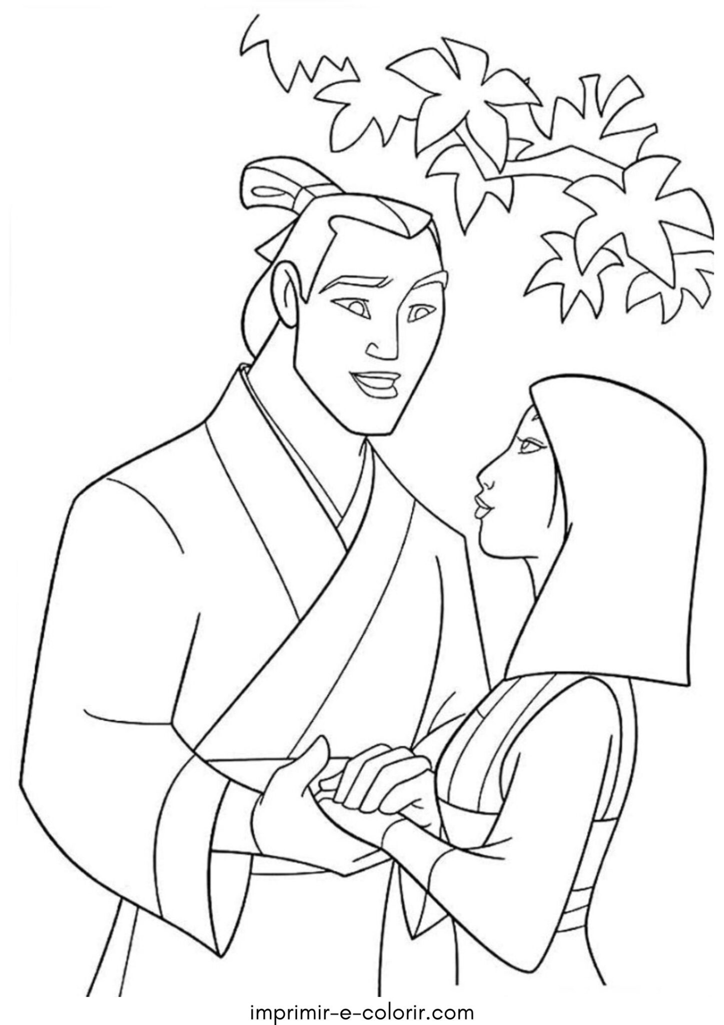 Desenho de Mulan e Li Shang para colorir e imprimir
