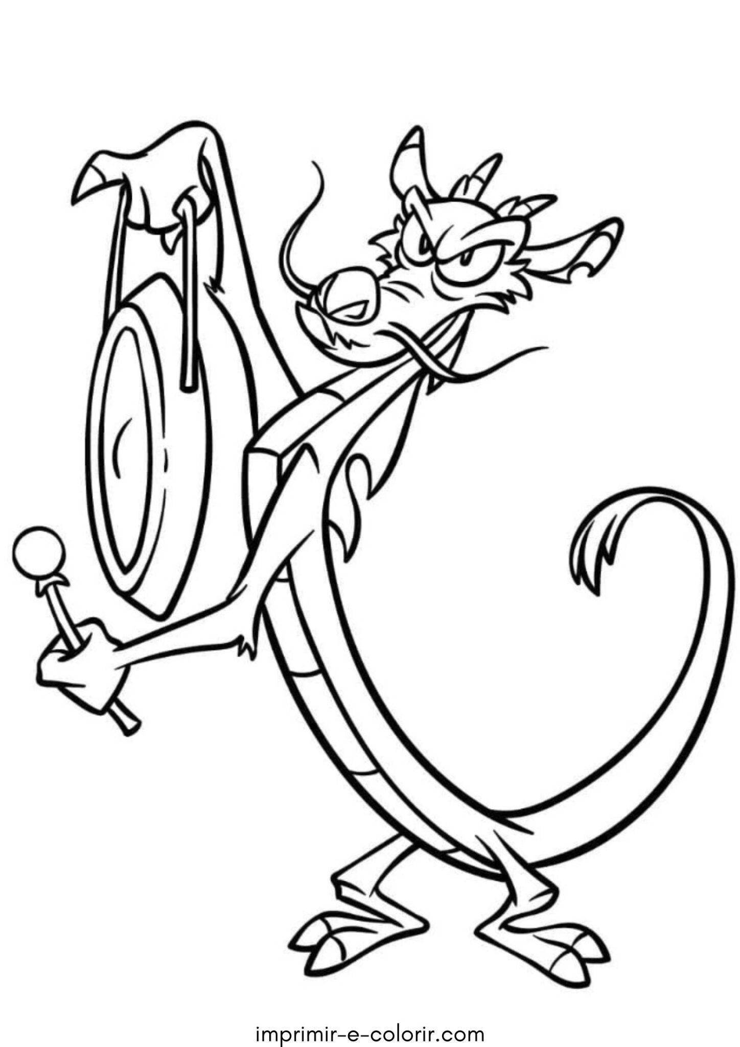 Desenho de Mushu com gongo de Mulan para colorir e imprimir