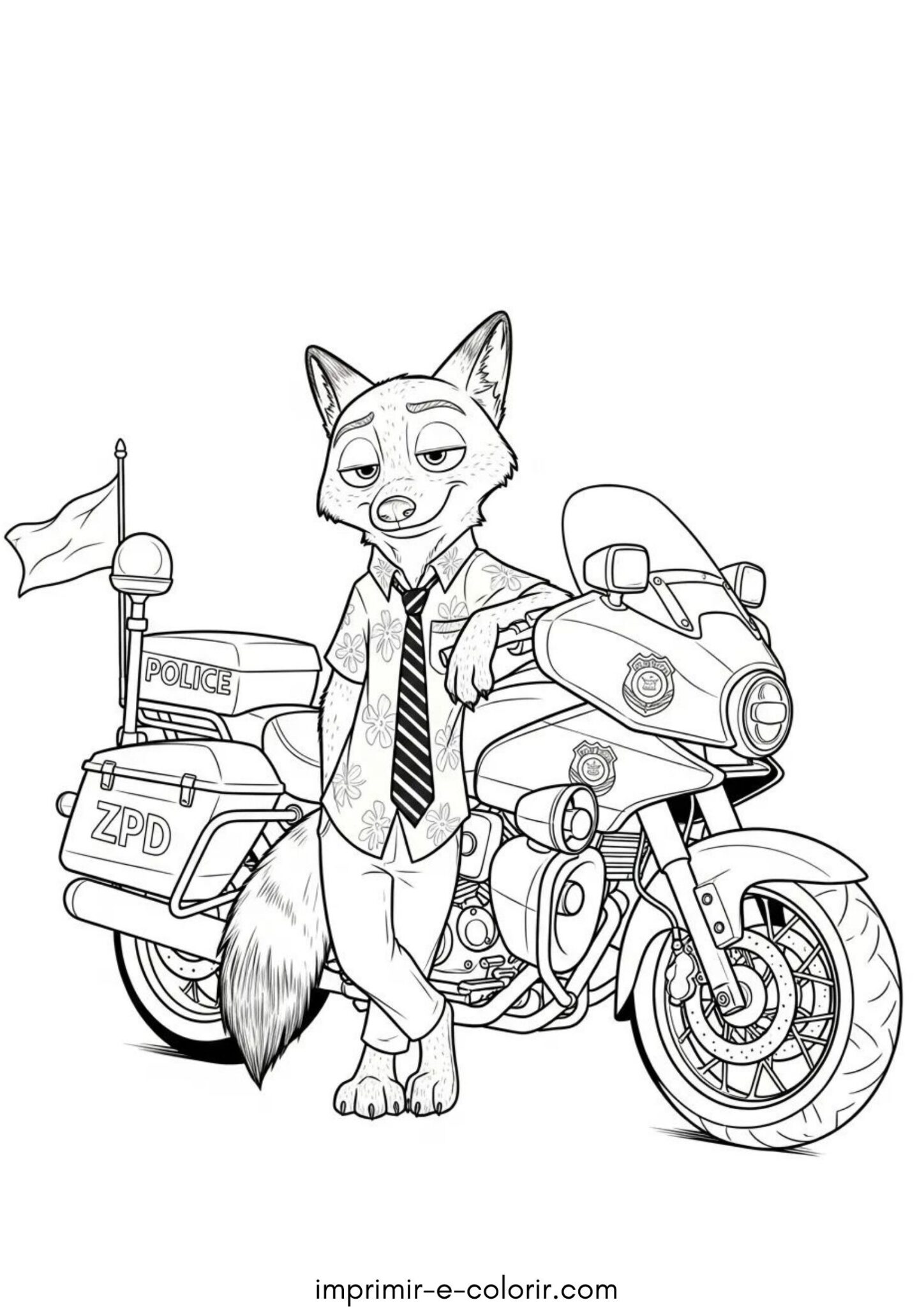 Desenho de Nick Wilde e a moto de polícia (Zootopia)