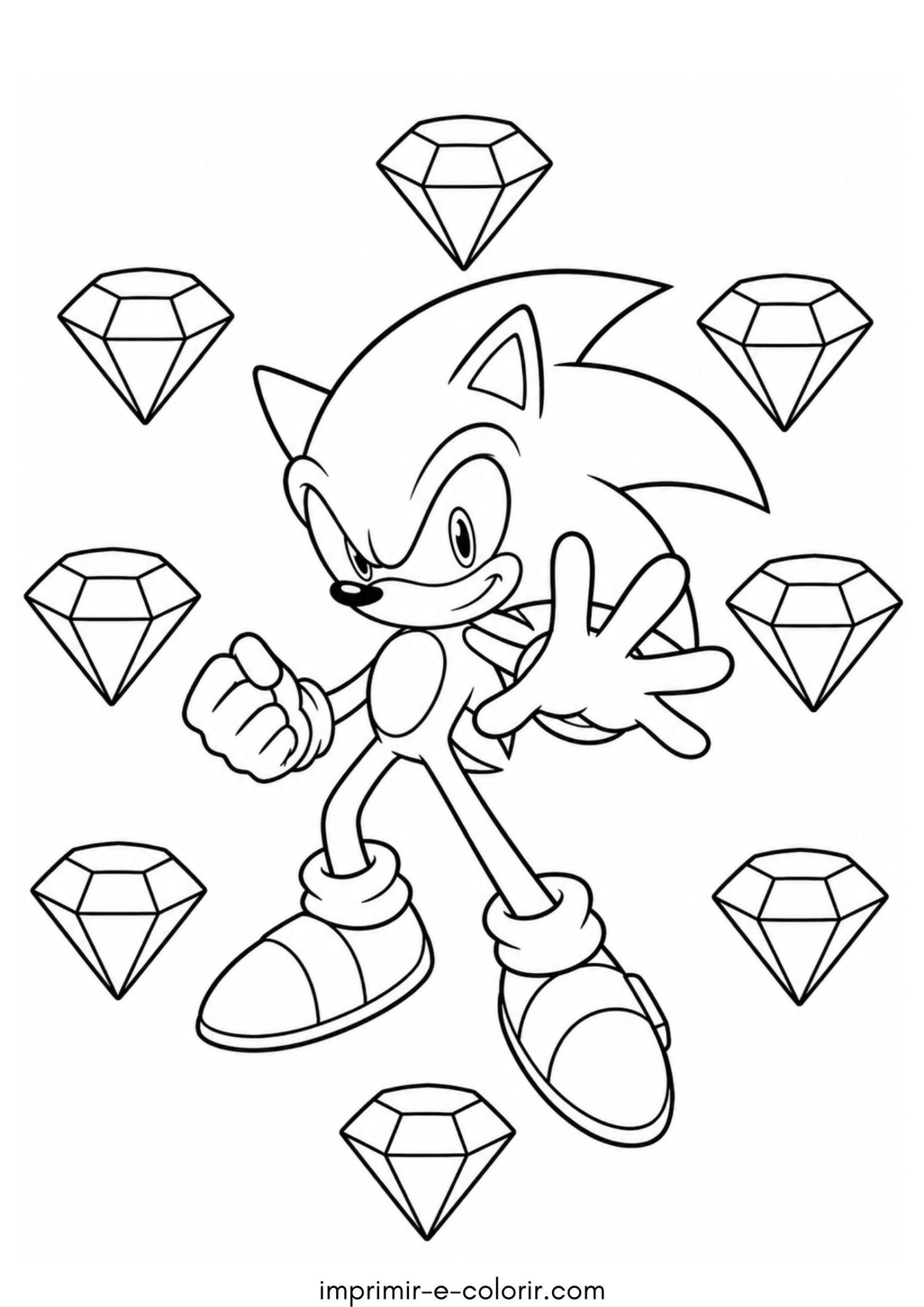 Desenho de Sonic cercado por Esmeraldas do Caos