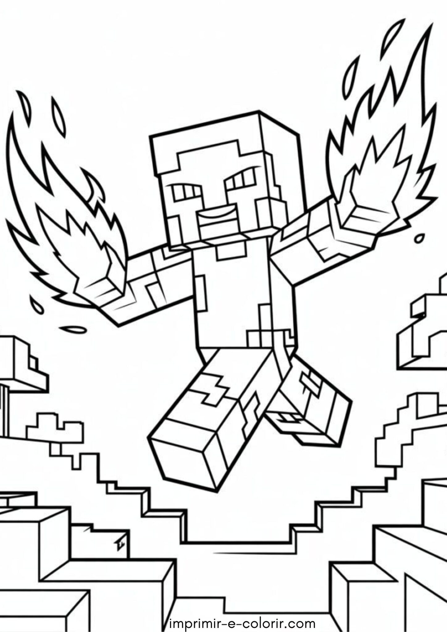 Desenho de Steve com fogo (Minecraft) para colorir e imprimir