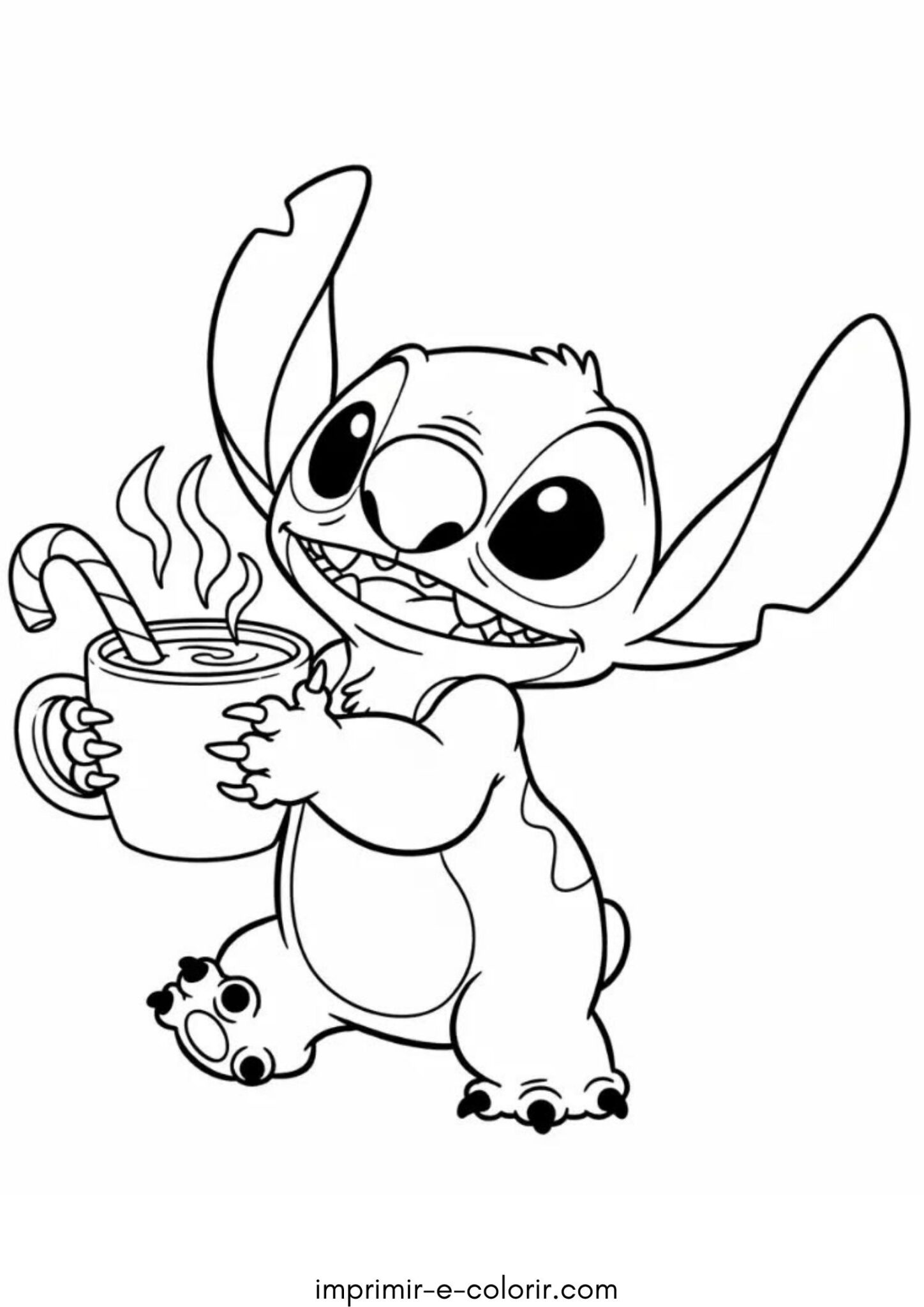 Desenho de Stitch com uma xícara