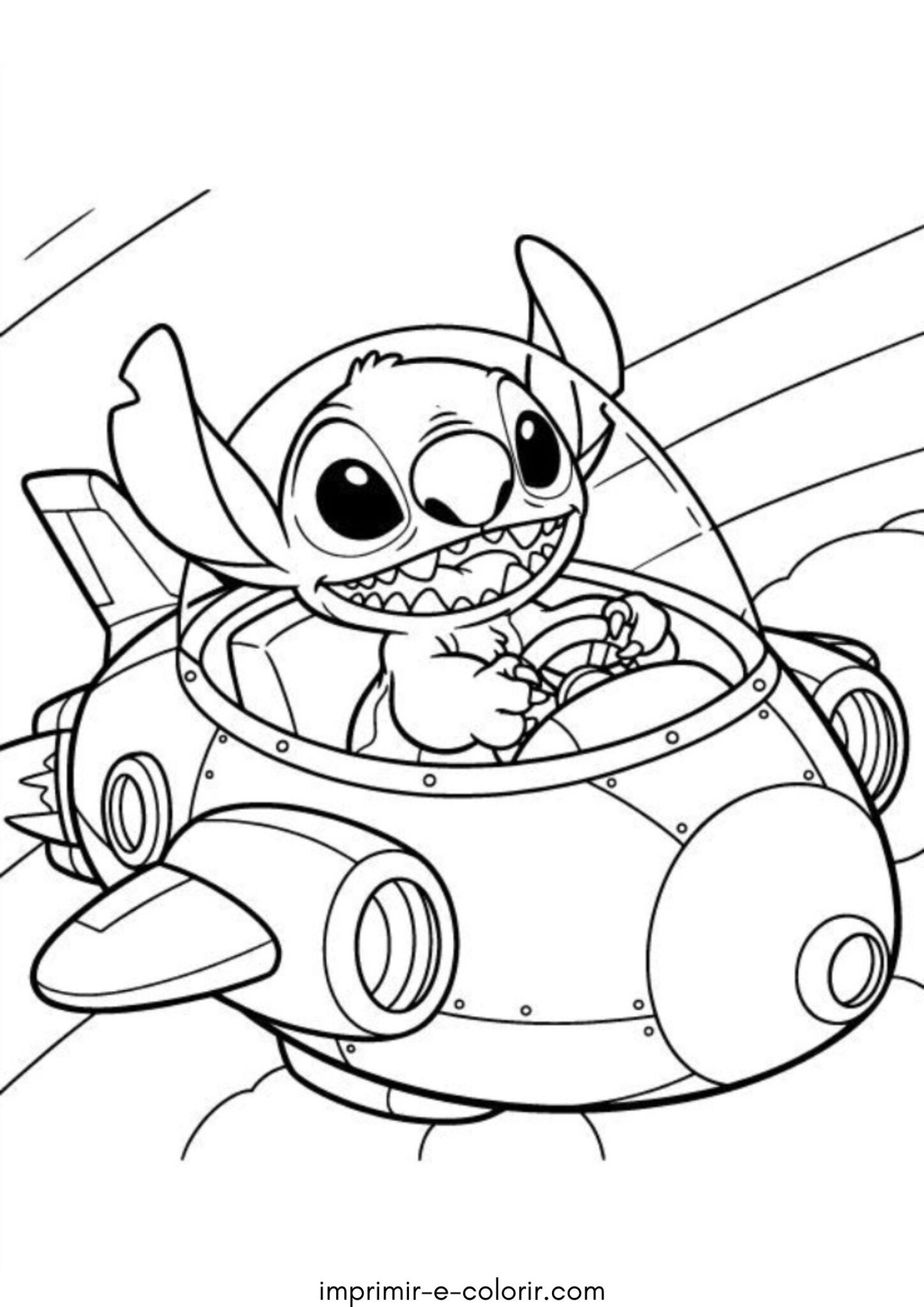Desenho de Stitch em uma nave espacial