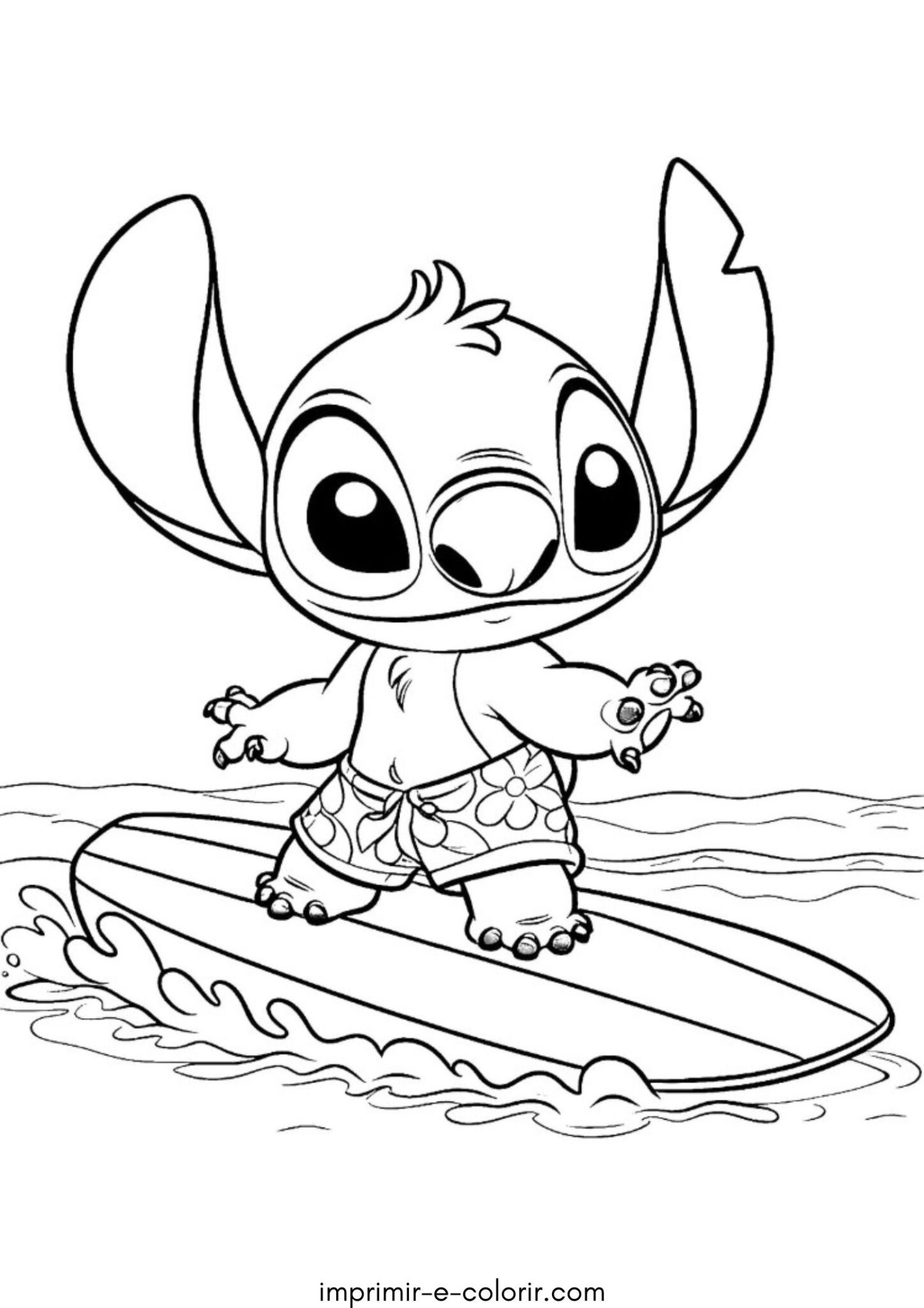 Desenho de Stitch na prancha de surfe