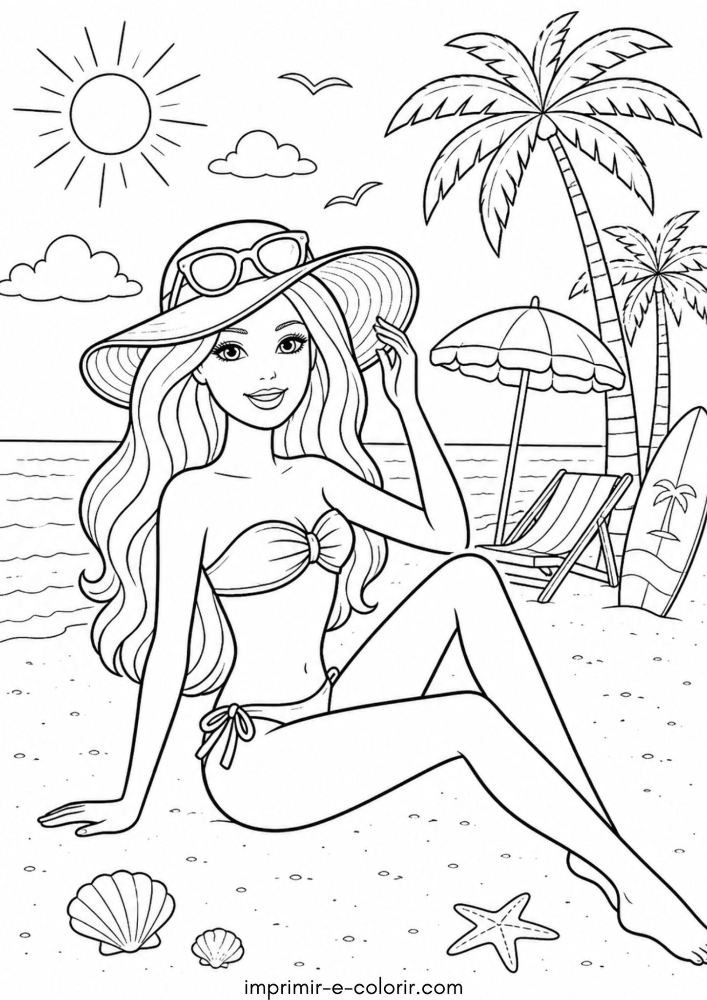 Desenho de Barbie na praia para colorir e imprimir