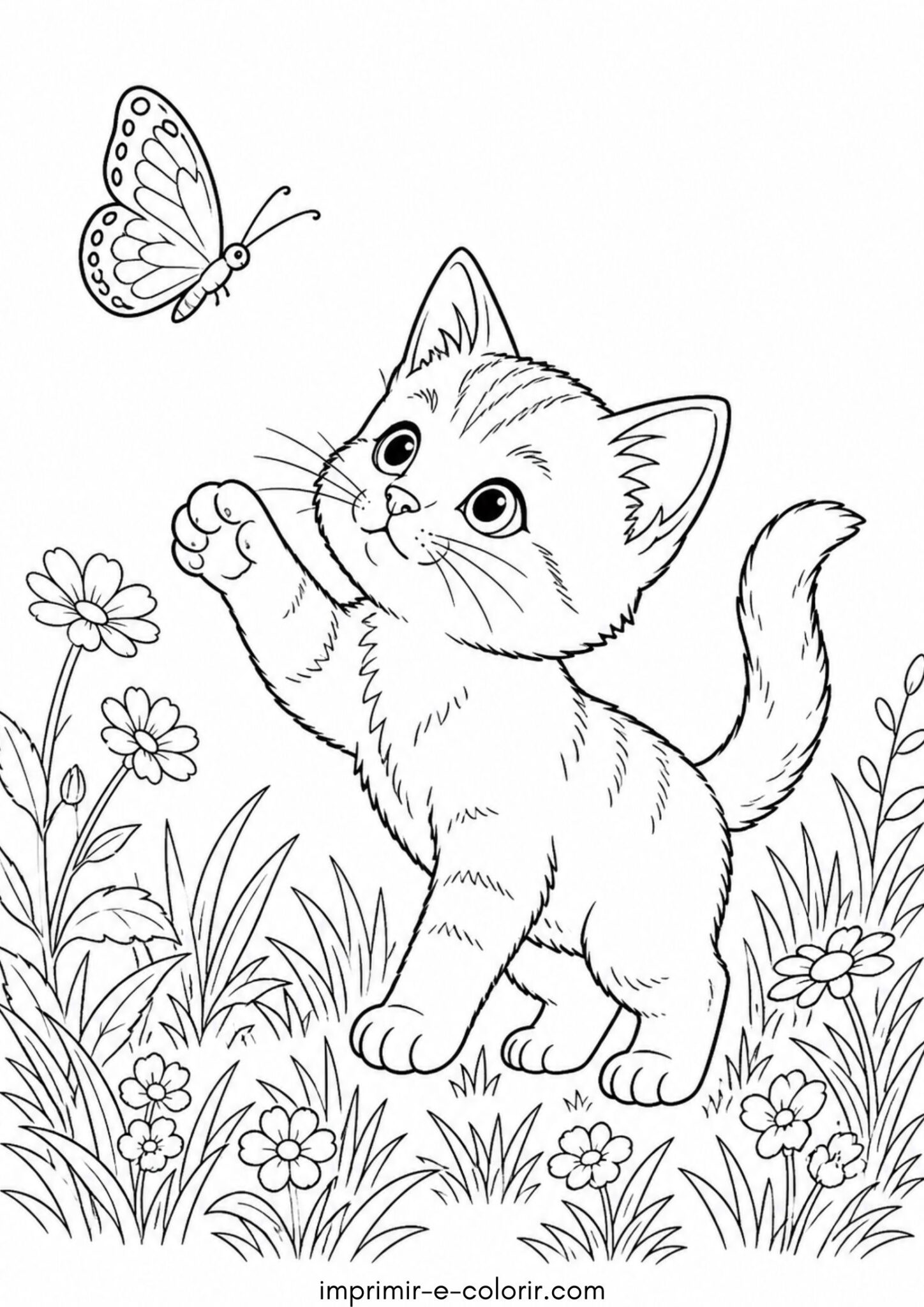 Desenho de Borboleta e gatinho para colorir e imprimir