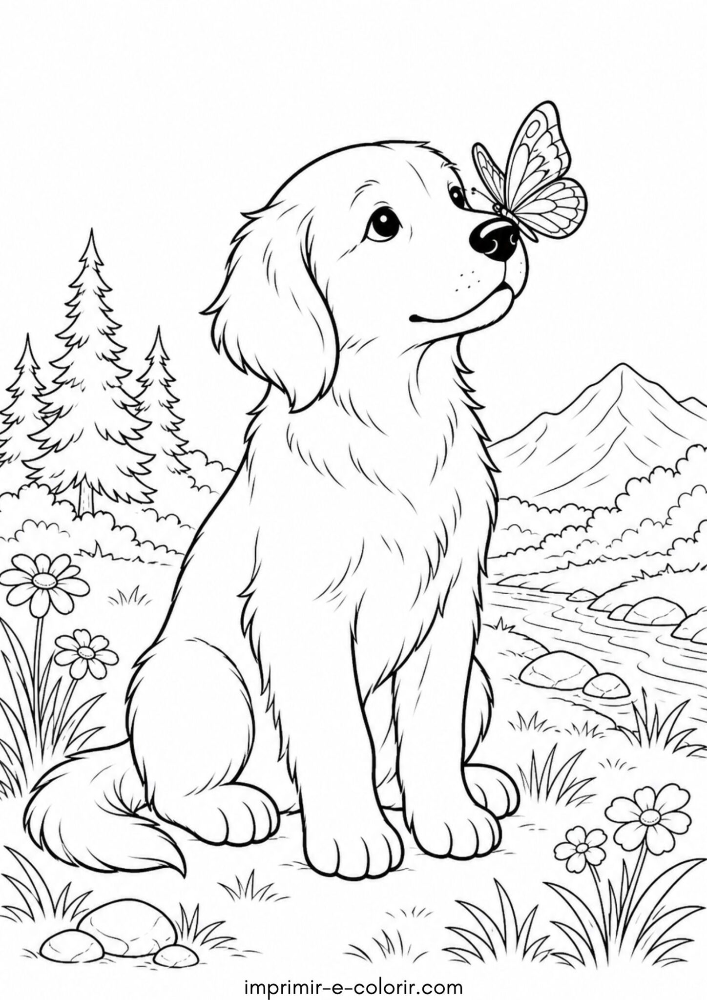 Desenho de Borboleta no nariz do cachorrinho para colorir e imprimir