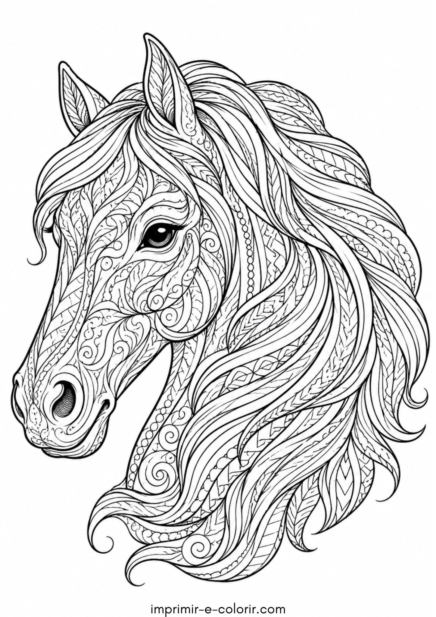 Desenho de Cabeça de cavalo com crina antiestresse para colorir e imprimir