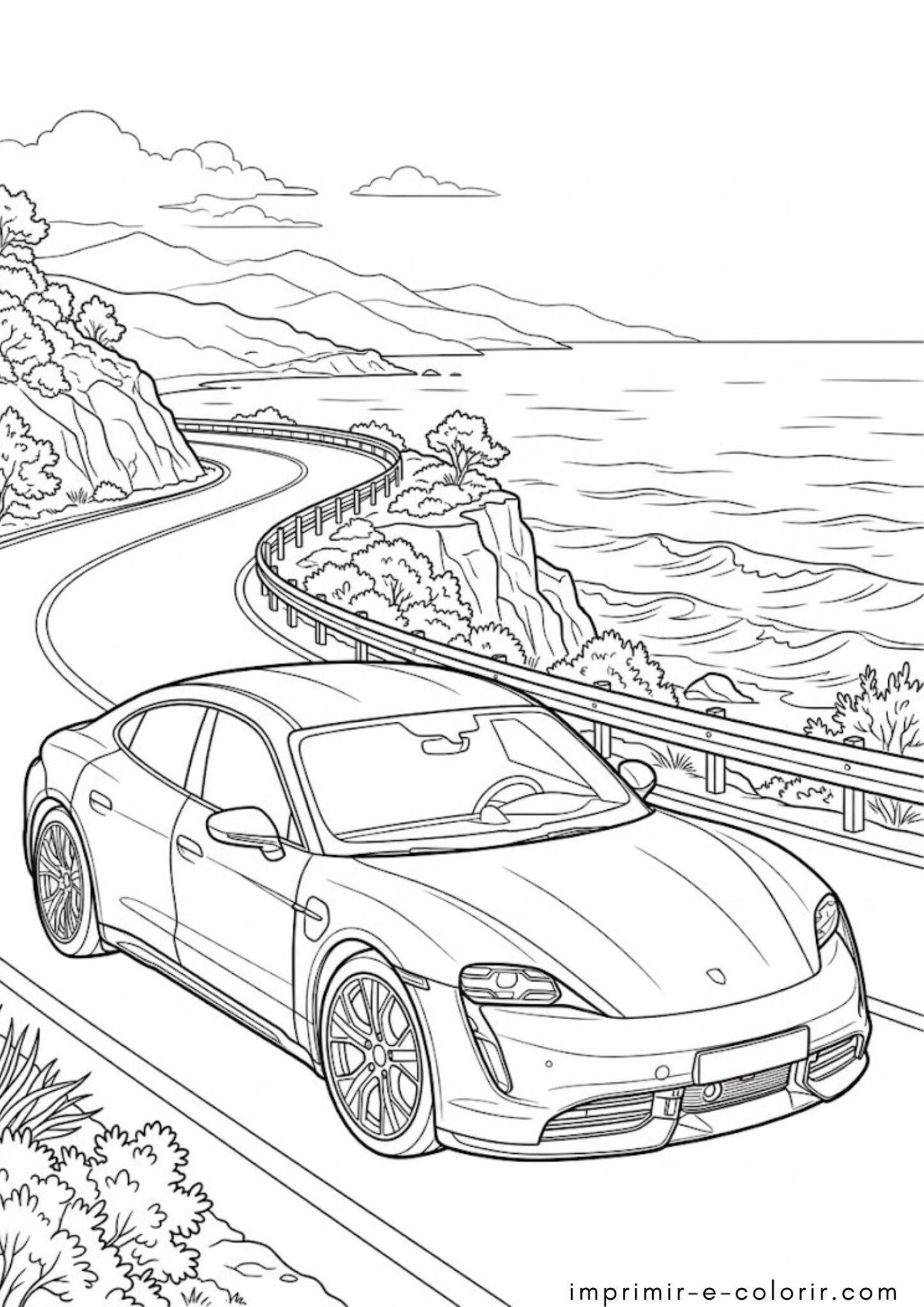 Desenho de Carro moderno na estrada sinuosa