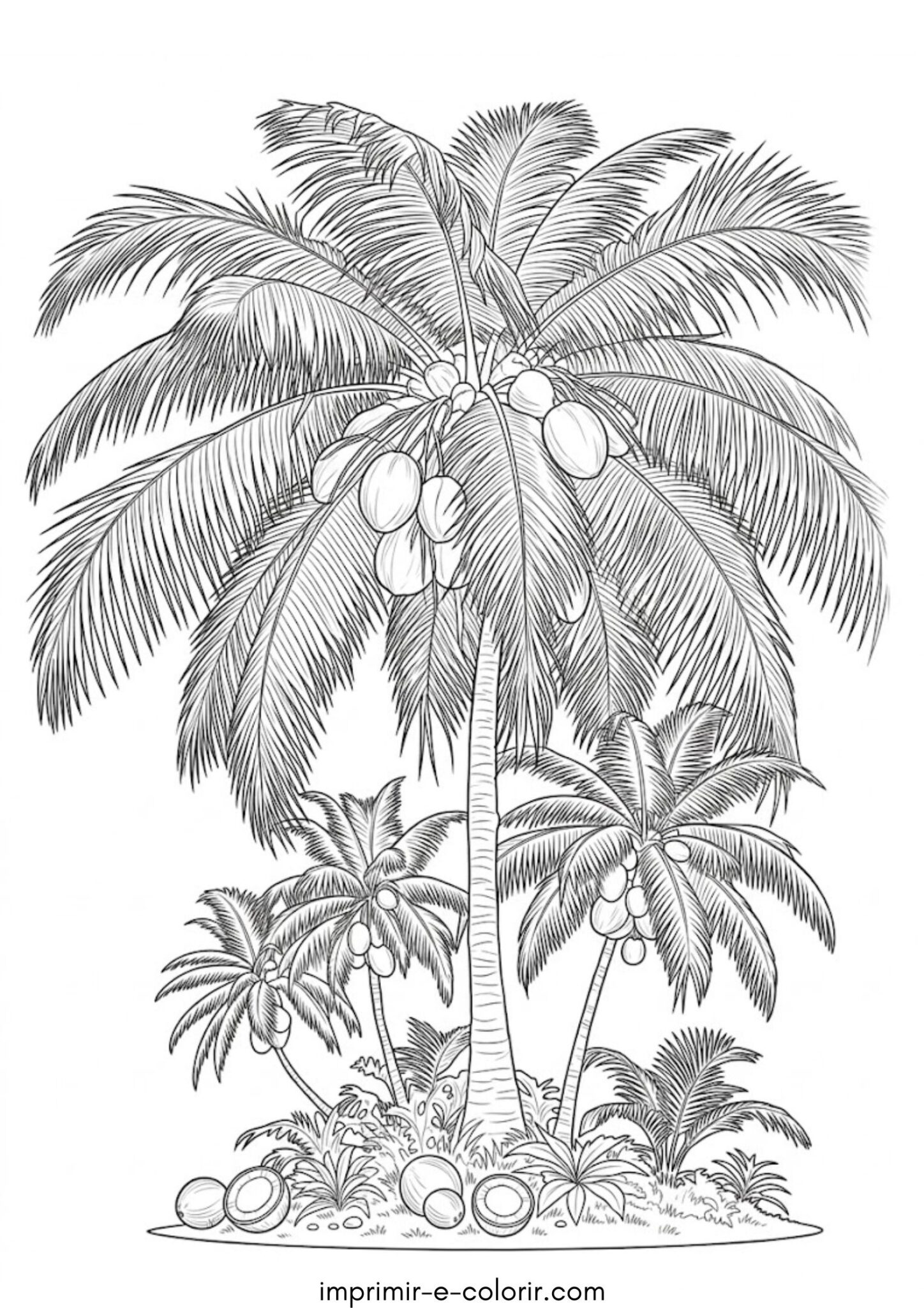Desenho de Coqueiro com cocos para colorir e imprimir